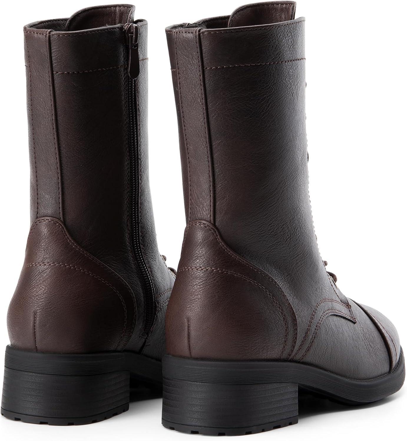 imageDREAM PAIRS Womens Lace up Mid Calf Combat Riding Military BootsDark Brown