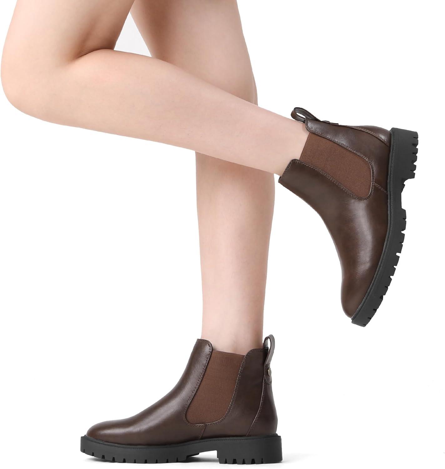 imageDREAM PAIRS Womens Low Heel Chelsea Ankle Boots Fashion Slip On Elastic Fall Booties ShoesBrownPu