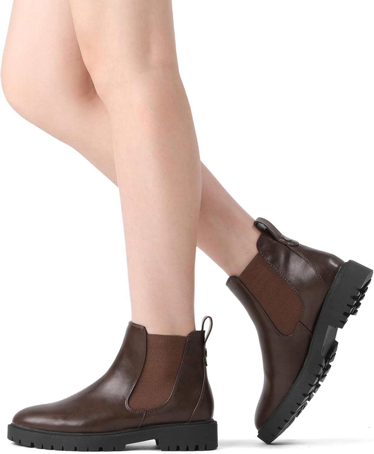 imageDREAM PAIRS Womens Low Heel Chelsea Ankle Boots Fashion Slip On Elastic Fall Booties ShoesBrownPu