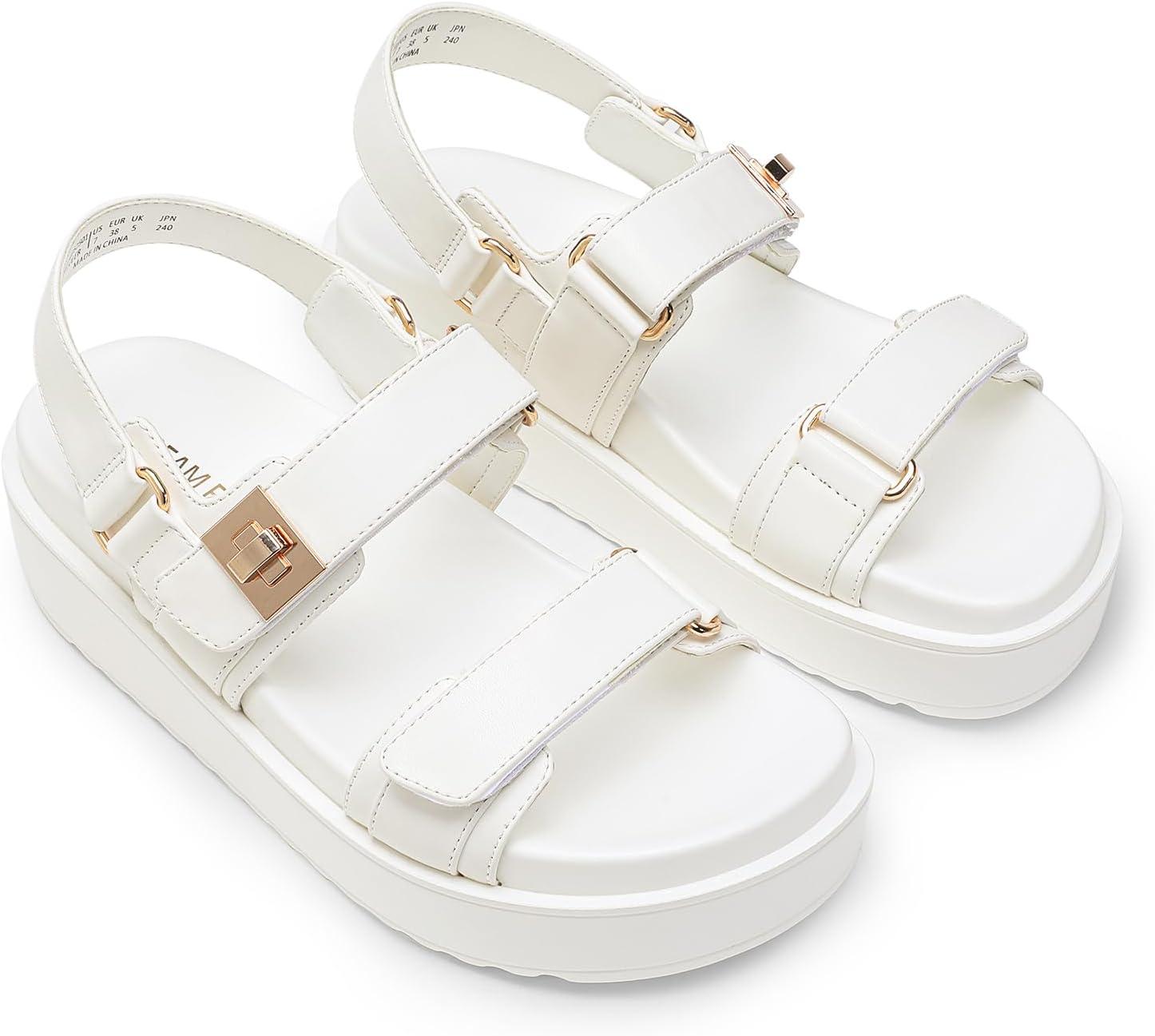 imageDREAM PAIRS Womens Low Wedge Sandals Comfortable Arch Support Platform Open toe Casual Dressy Flat Summer Sandals with Adjustable StrapsWhite