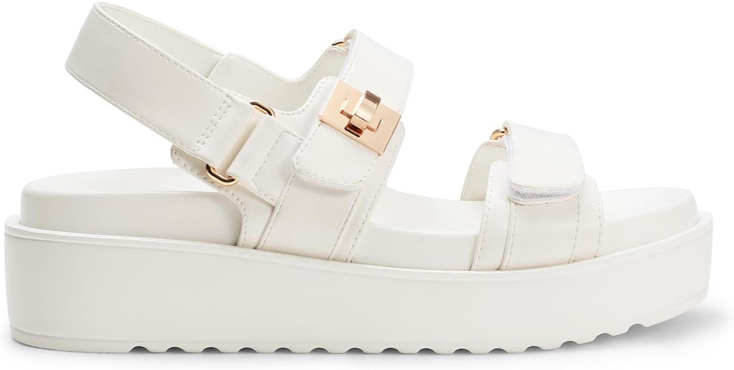 imageDREAM PAIRS Womens Low Wedge Sandals Comfortable Arch Support Platform Open toe Casual Dressy Flat Summer Sandals with Adjustable StrapsWhite