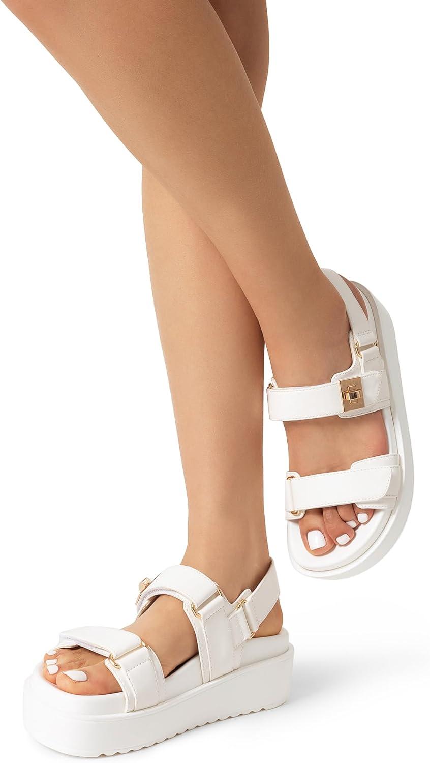 imageDREAM PAIRS Womens Low Wedge Sandals Comfortable Arch Support Platform Open toe Casual Dressy Flat Summer Sandals with Adjustable StrapsWhite