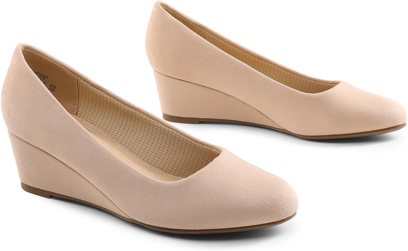 imageDREAM PAIRS Womens Low Wedges Heels Closed Round Toe Pumps Comfortable Slip On Dress Work Wedding ShoesNude