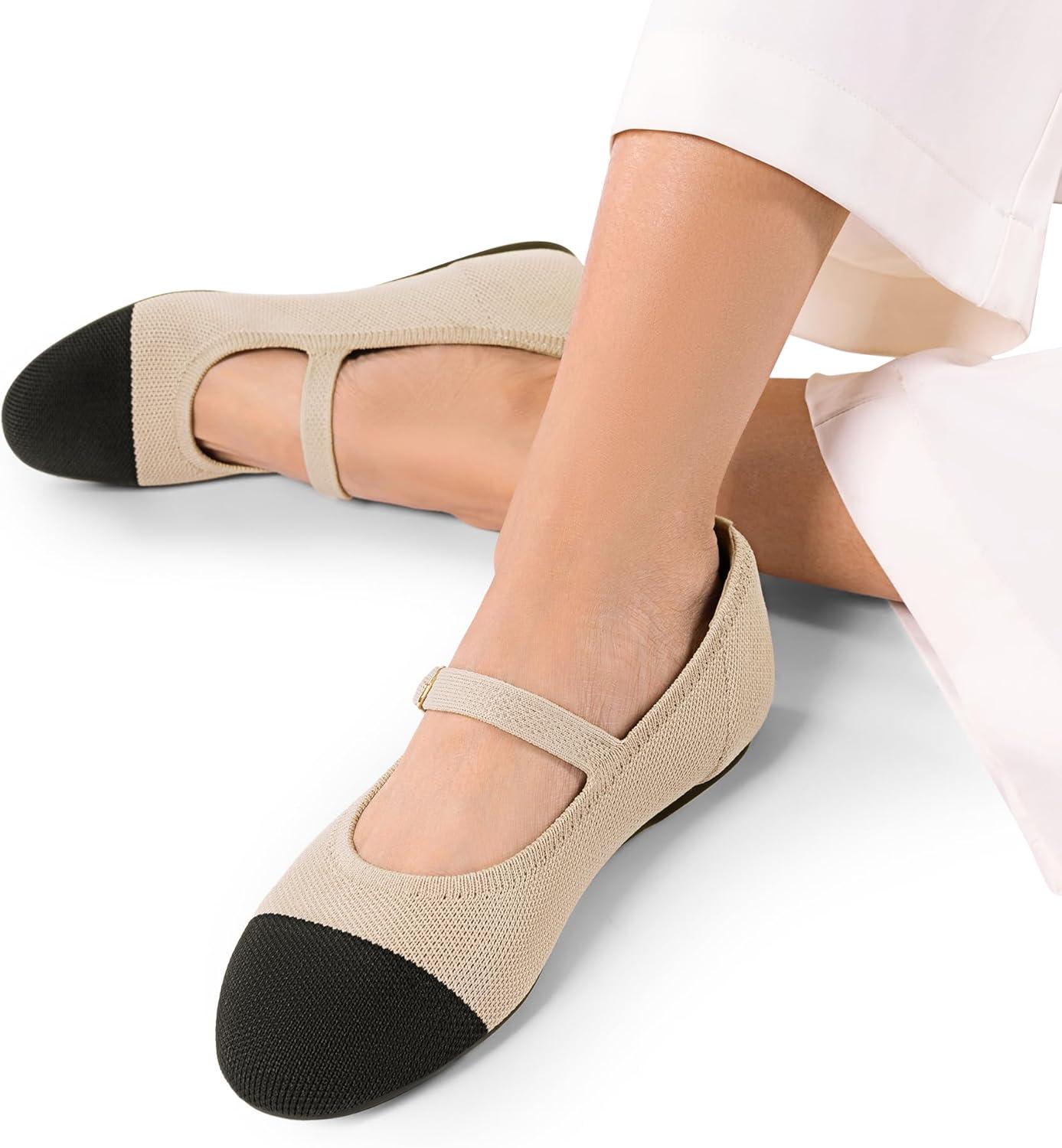 imageDREAM PAIRS Womens Mary Jane Ballet Flat Shoes Dressy Foldable Knit Flats with Arch Support Comfortable for Casual Work OfficeNudeBlack