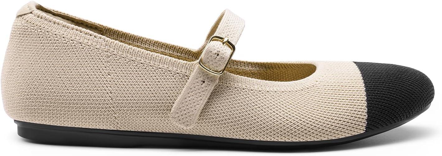 imageDREAM PAIRS Womens Mary Jane Ballet Flat Shoes Dressy Foldable Knit Flats with Arch Support Comfortable for Casual Work OfficeNudeBlack