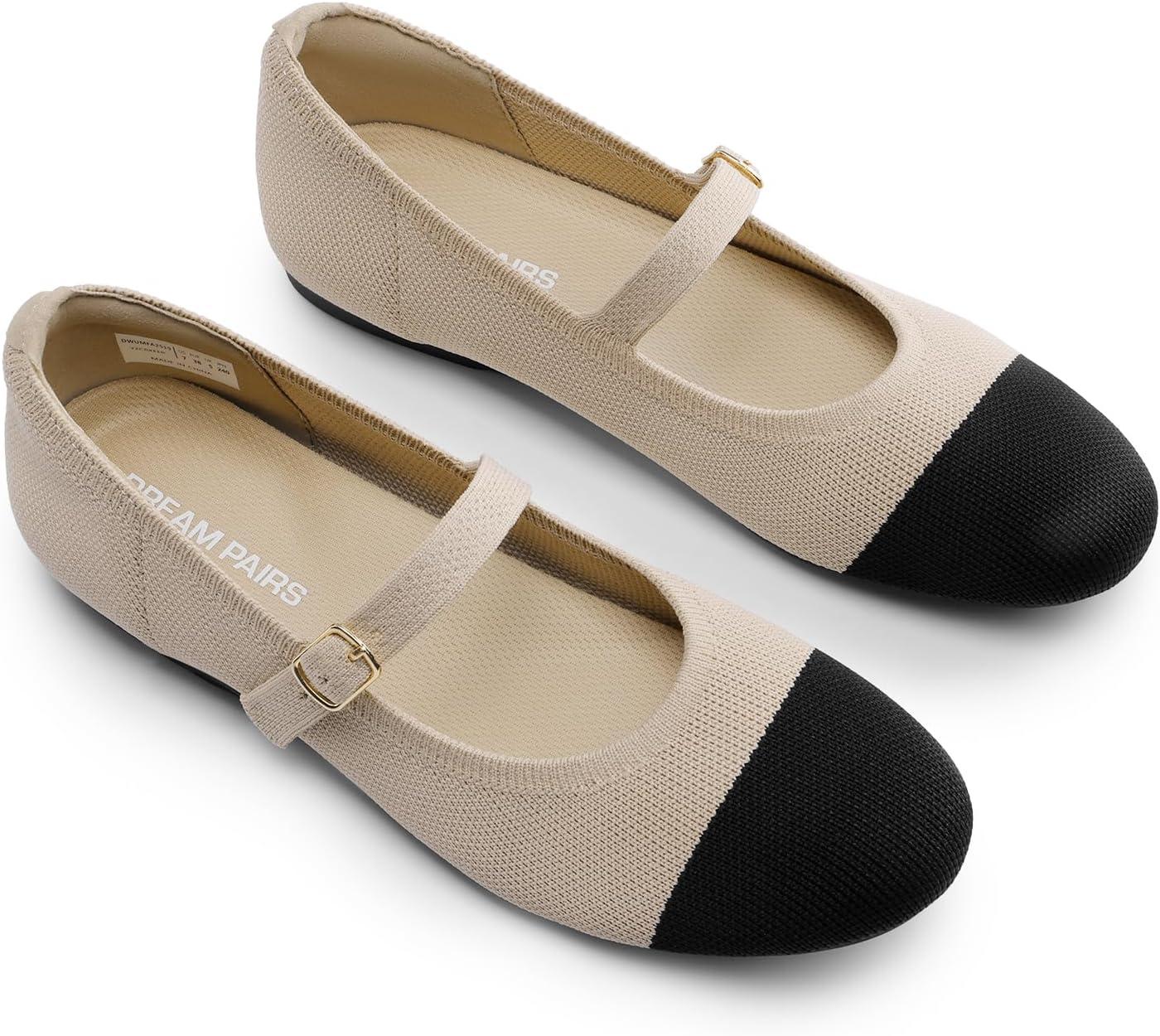 imageDREAM PAIRS Womens Mary Jane Ballet Flat Shoes Dressy Foldable Knit Flats with Arch Support Comfortable for Casual Work OfficeNudeBlack
