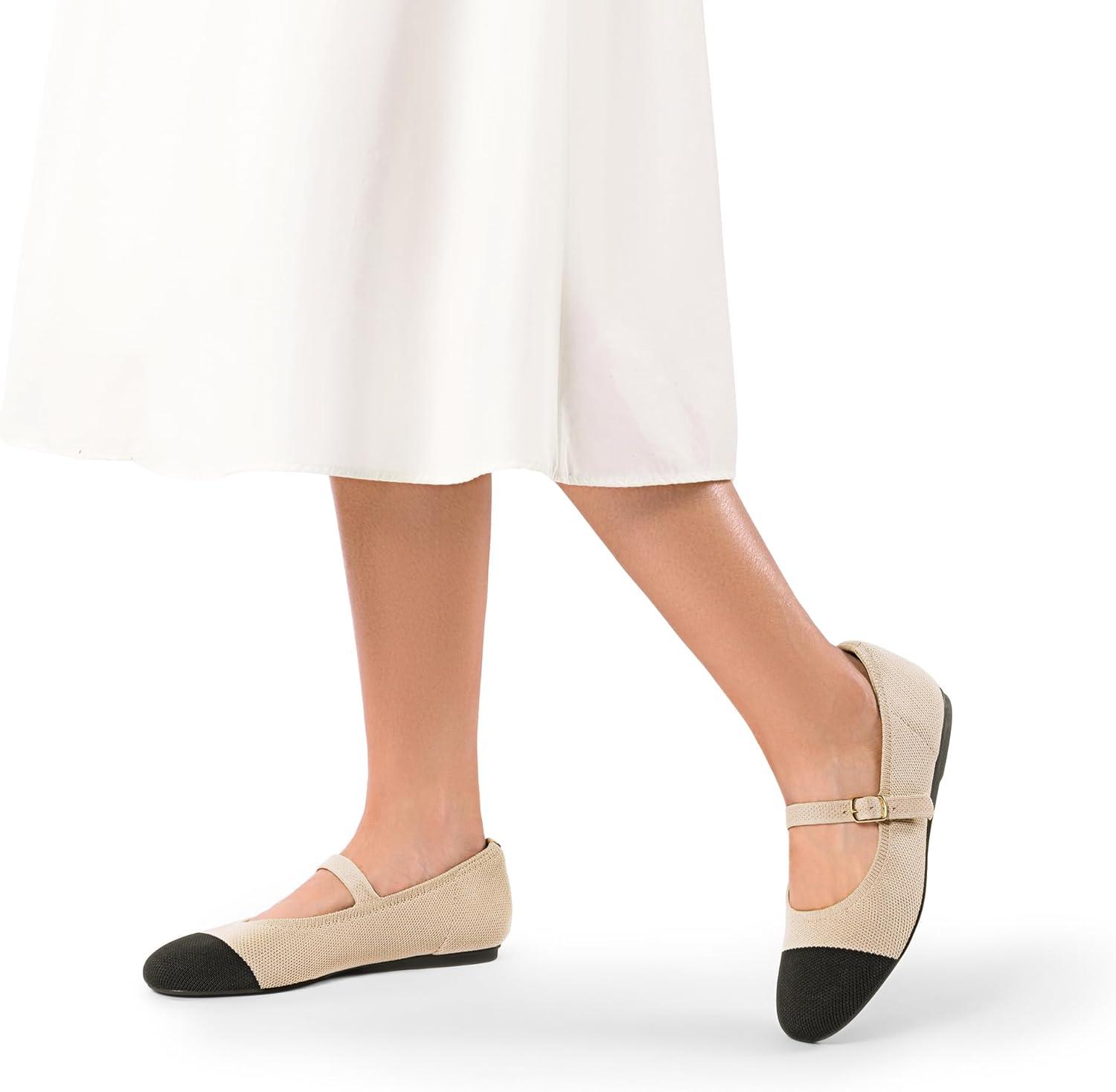 imageDREAM PAIRS Womens Mary Jane Ballet Flat Shoes Dressy Foldable Knit Flats with Arch Support Comfortable for Casual Work OfficeNudeBlack