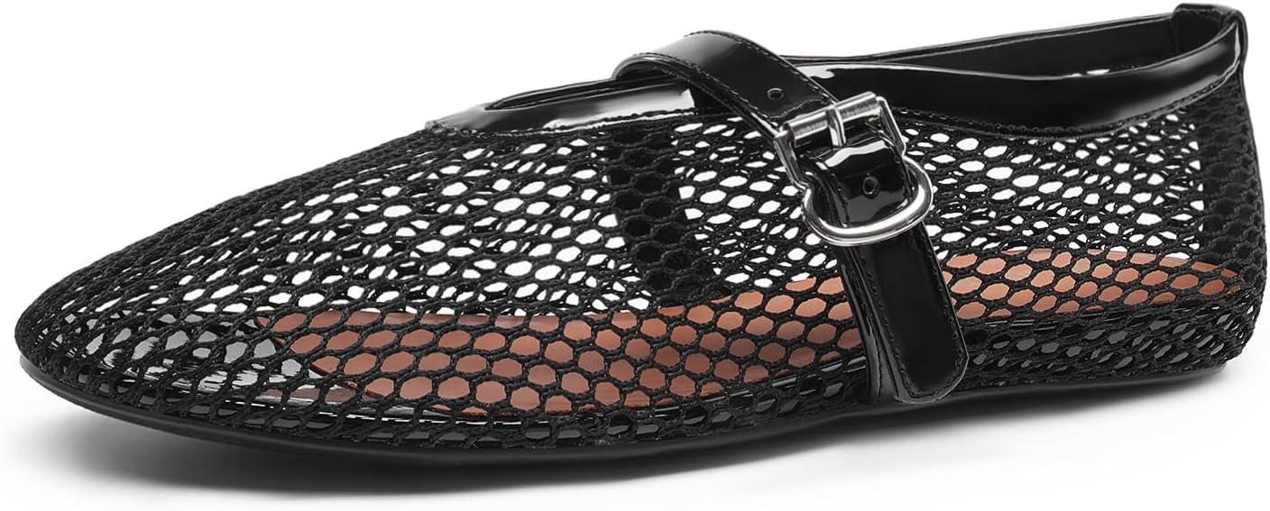imageDREAM PAIRS Womens Mesh Ballet Flats Dressy Round Toe Comfortable Mary Jane Flat Shoes with Buckle StrapBlack