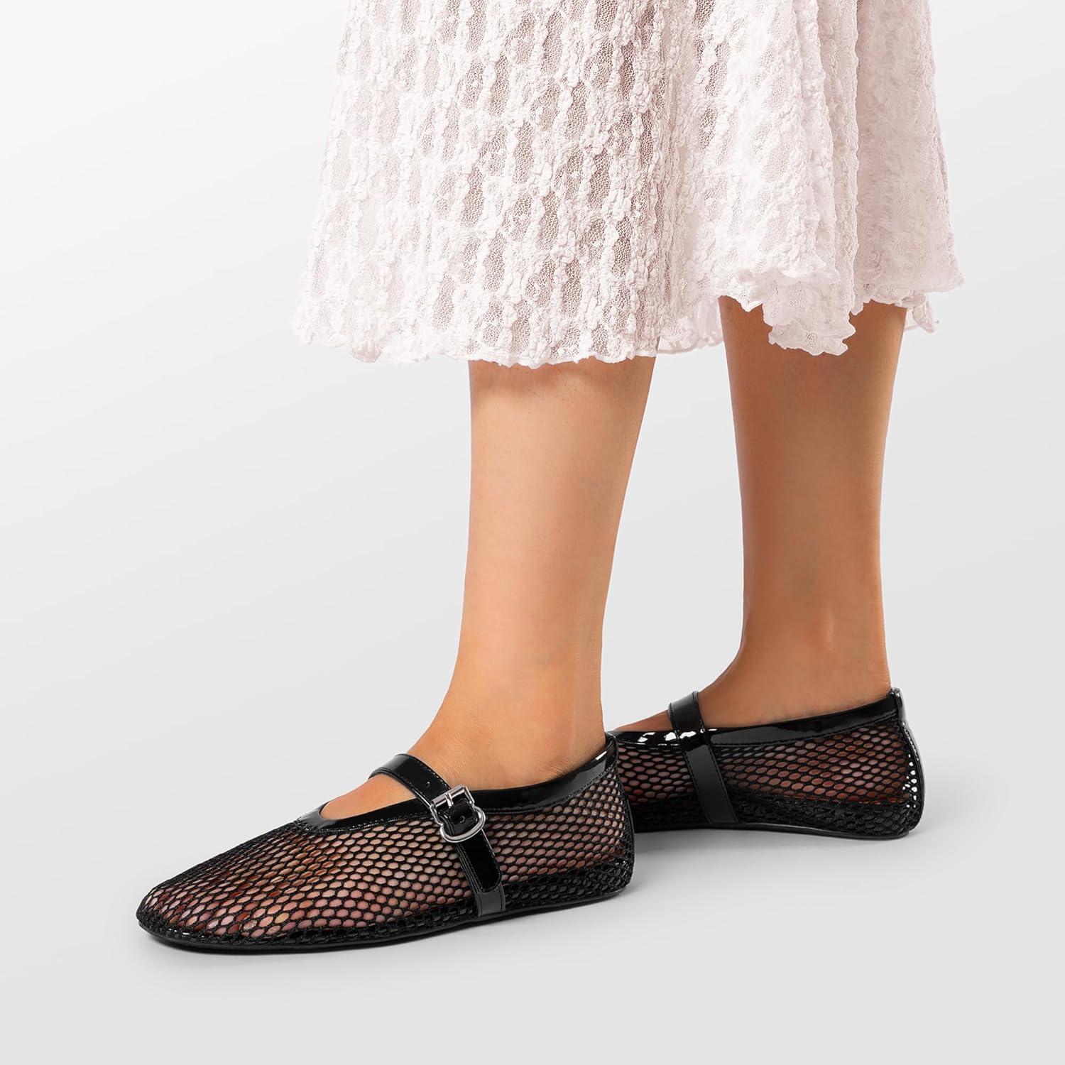 imageDREAM PAIRS Womens Mesh Ballet Flats Dressy Round Toe Comfortable Mary Jane Flat Shoes with Buckle StrapBlack