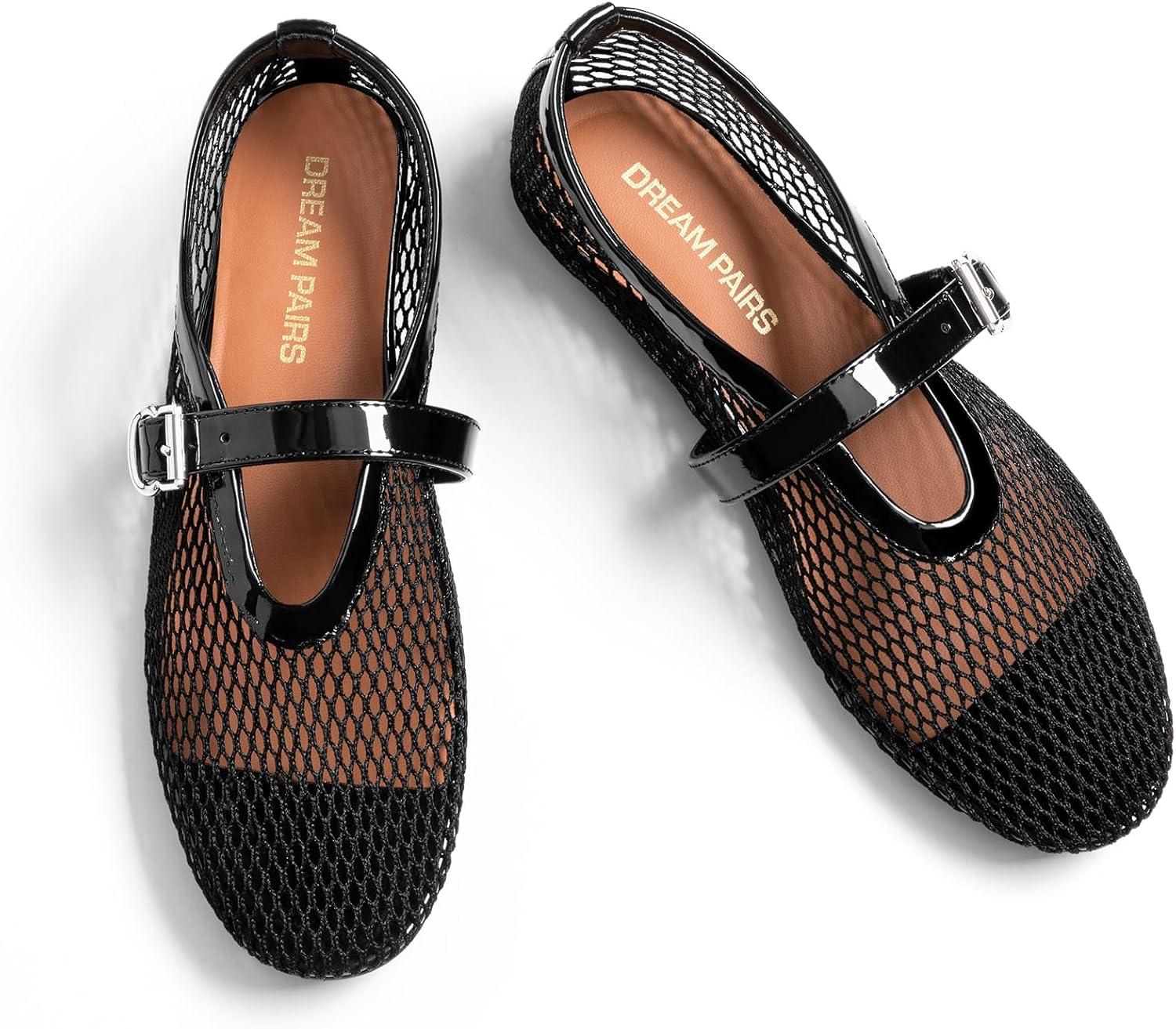 imageDREAM PAIRS Womens Mesh Ballet Flats Dressy Round Toe Comfortable Mary Jane Flat Shoes with Buckle StrapBlack