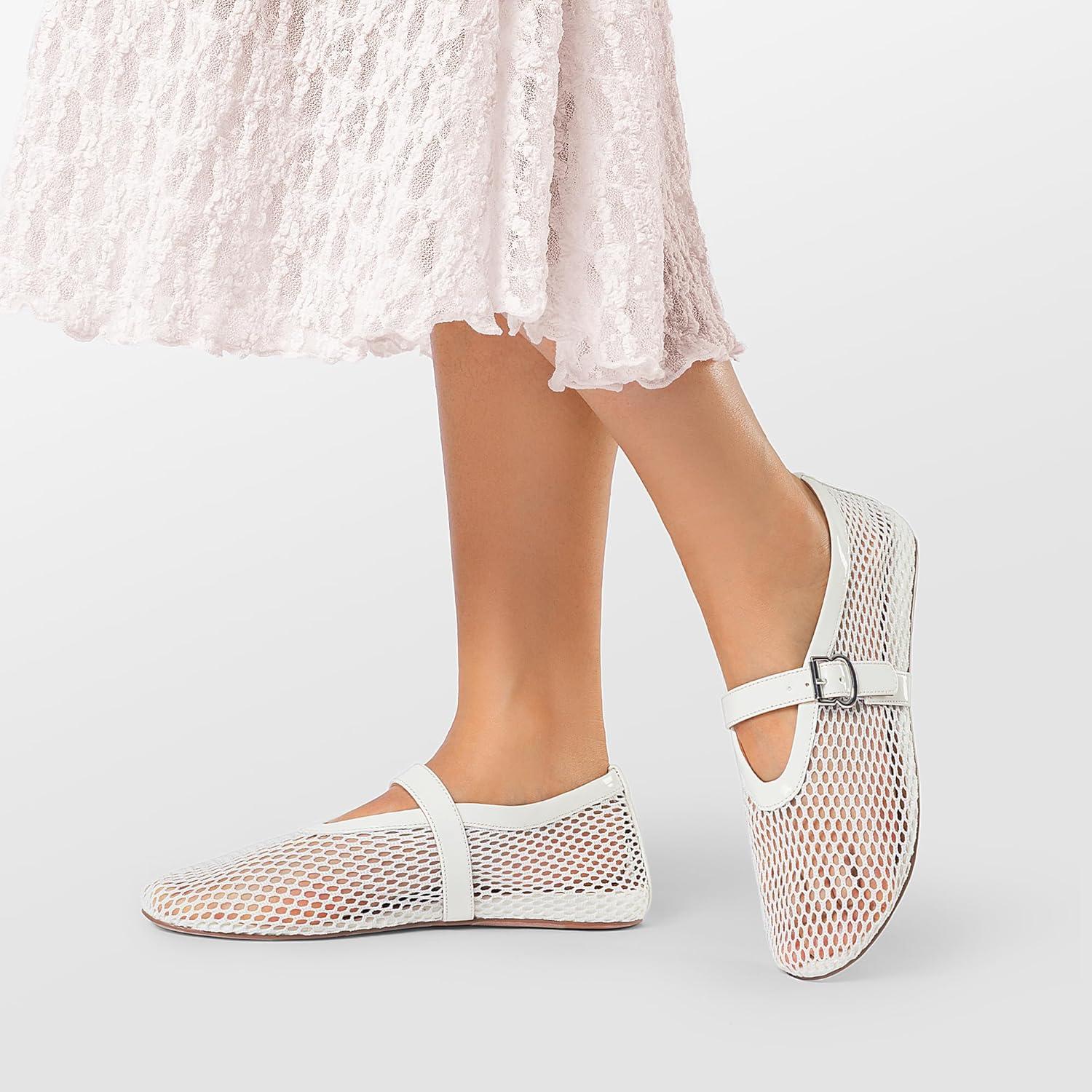 imageDREAM PAIRS Womens Mesh Ballet Flats Dressy Round Toe Comfortable Mary Jane Flat Shoes with Buckle StrapWhite