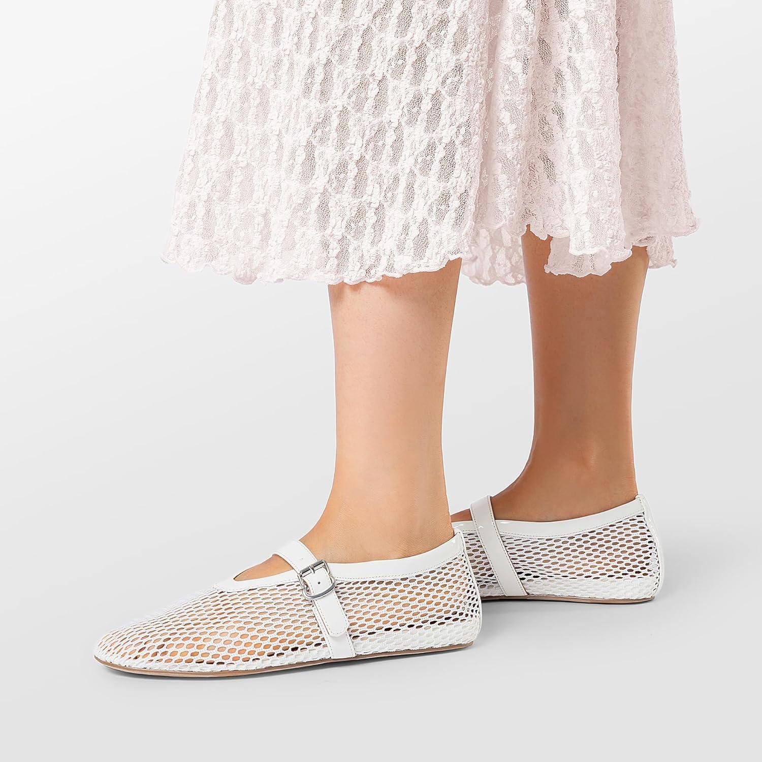 imageDREAM PAIRS Womens Mesh Ballet Flats Dressy Round Toe Comfortable Mary Jane Flat Shoes with Buckle StrapWhite