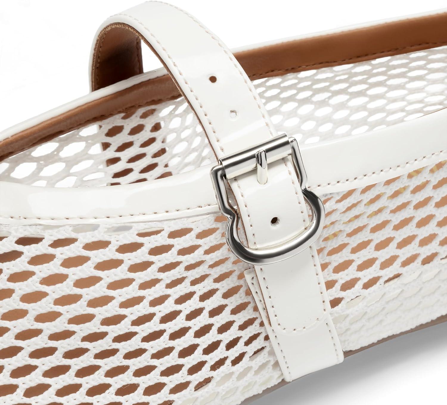 imageDREAM PAIRS Womens Mesh Ballet Flats Dressy Round Toe Comfortable Mary Jane Flat Shoes with Buckle StrapWhite