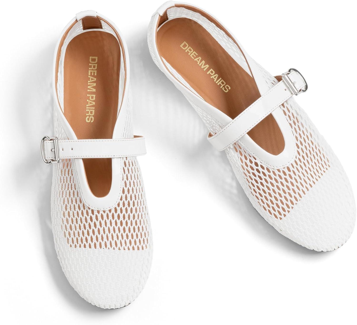 imageDREAM PAIRS Womens Mesh Ballet Flats Dressy Round Toe Comfortable Mary Jane Flat Shoes with Buckle StrapWhite