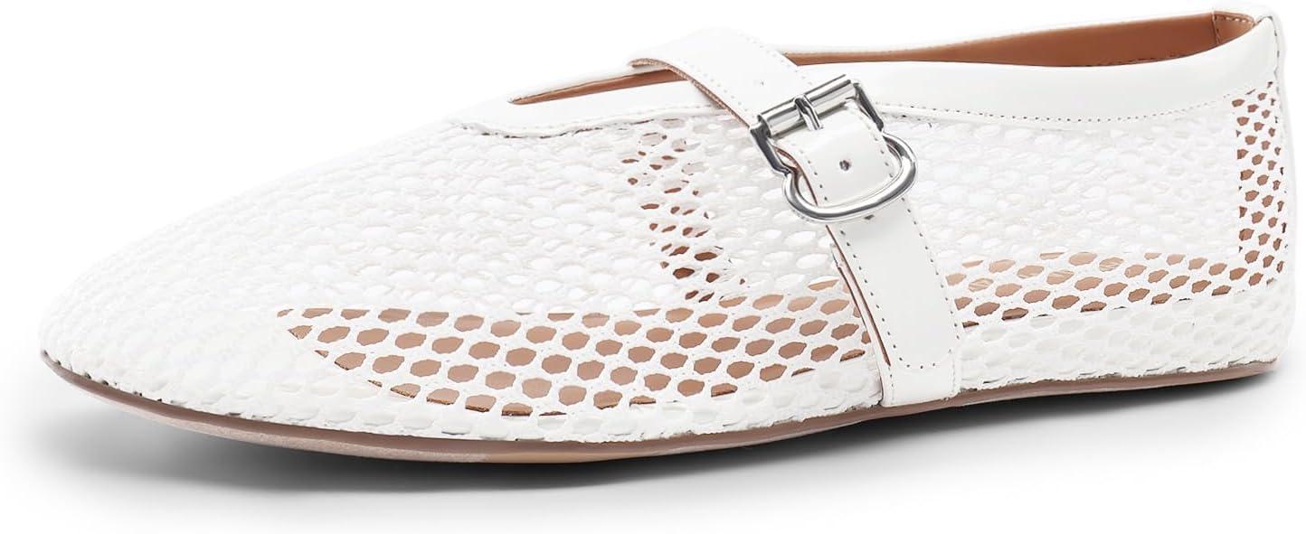 imageDREAM PAIRS Womens Mesh Ballet Flats Dressy Round Toe Comfortable Mary Jane Flat Shoes with Buckle StrapWhite