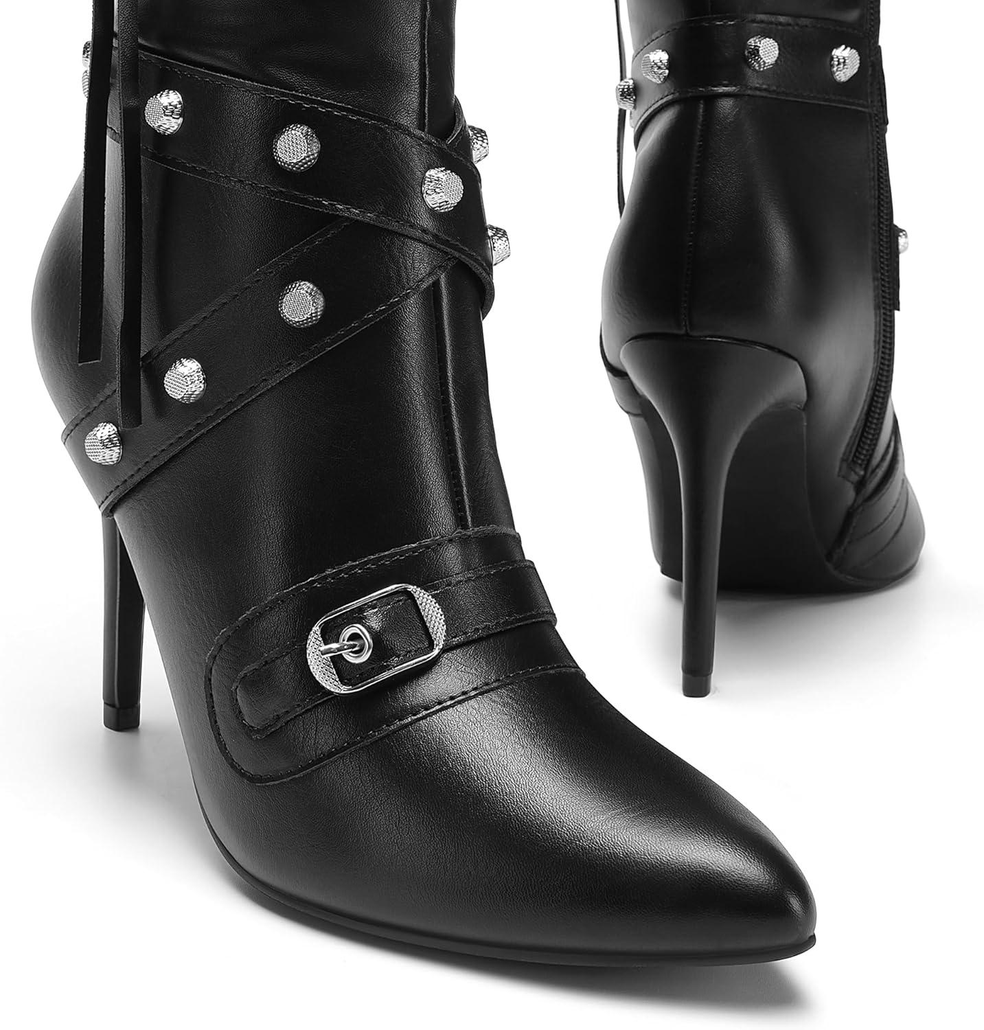 imageDREAM PAIRS Womens Metallic Stiletto Heeled Knee High Boots Sexy Fashion Pointed Toe Dress Boots with Stud and Zipper Tassel