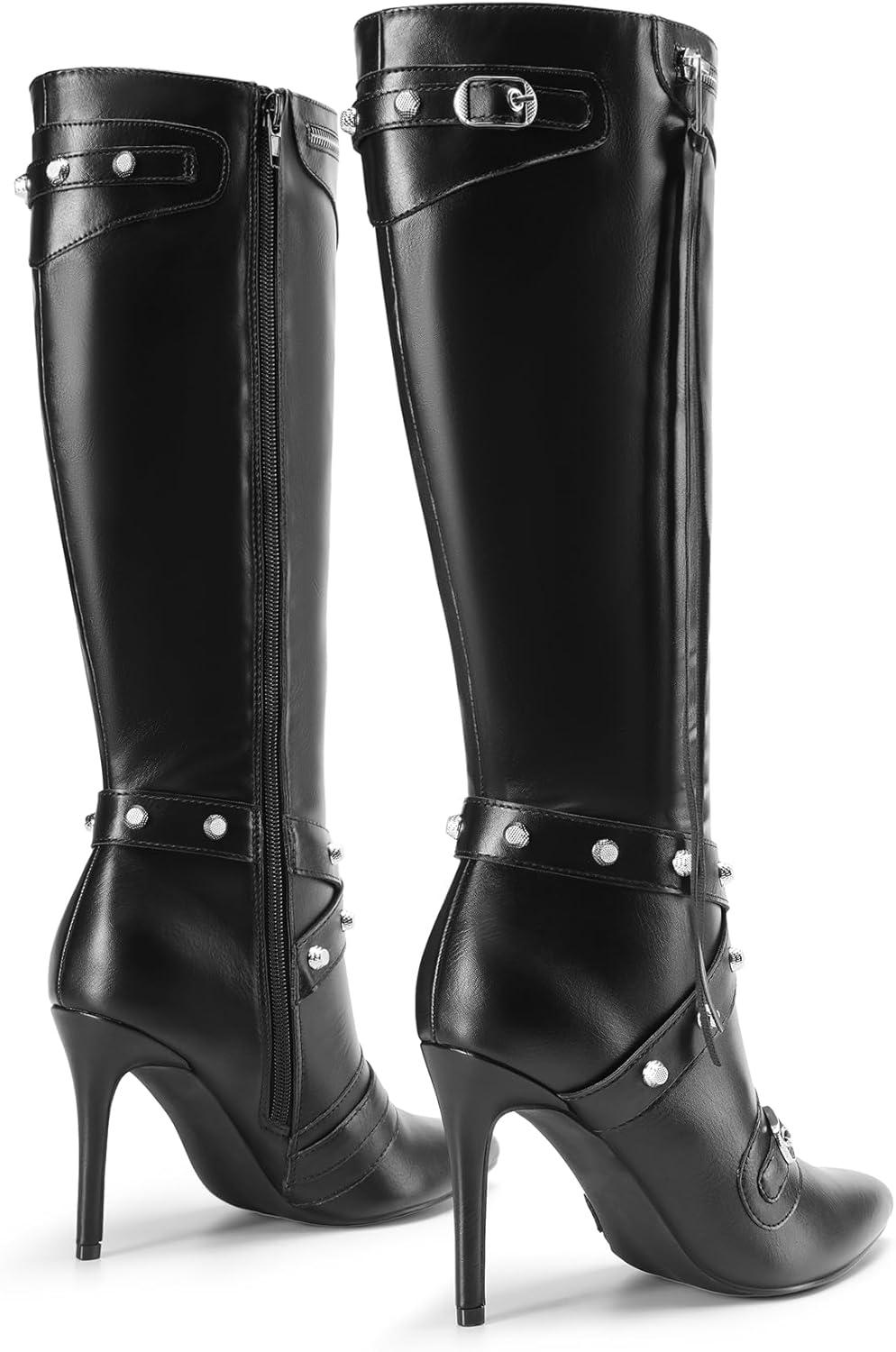 imageDREAM PAIRS Womens Metallic Stiletto Heeled Knee High Boots Sexy Fashion Pointed Toe Dress Boots with Stud and Zipper Tassel