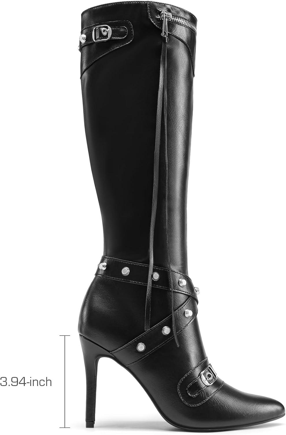 imageDREAM PAIRS Womens Metallic Stiletto Heeled Knee High Boots Sexy Fashion Pointed Toe Dress Boots with Stud and Zipper Tassel