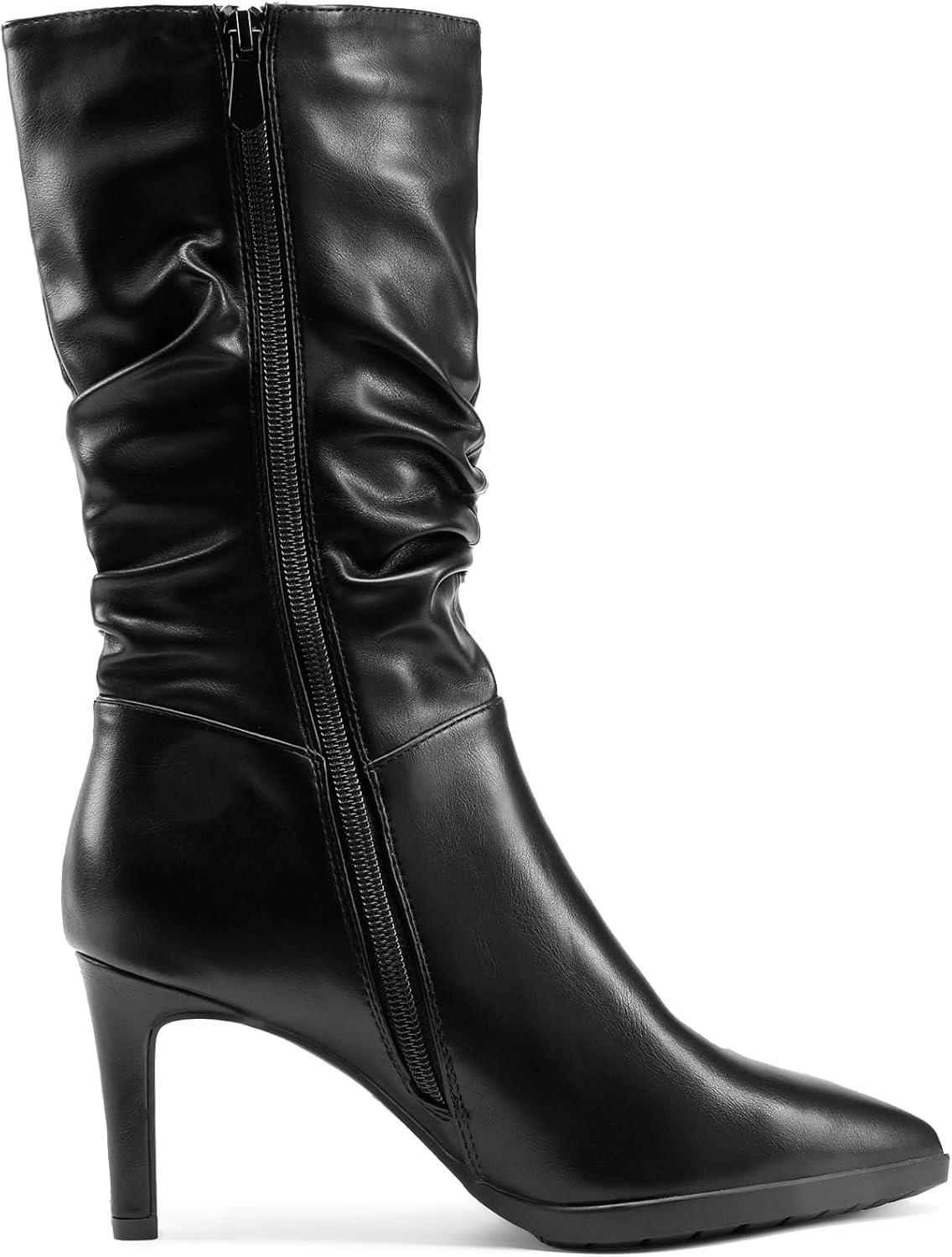 imageDREAM PAIRS Womens Mid Calf Boots High Heels Pointed Toe Zip Fashion Dressy BootBlack