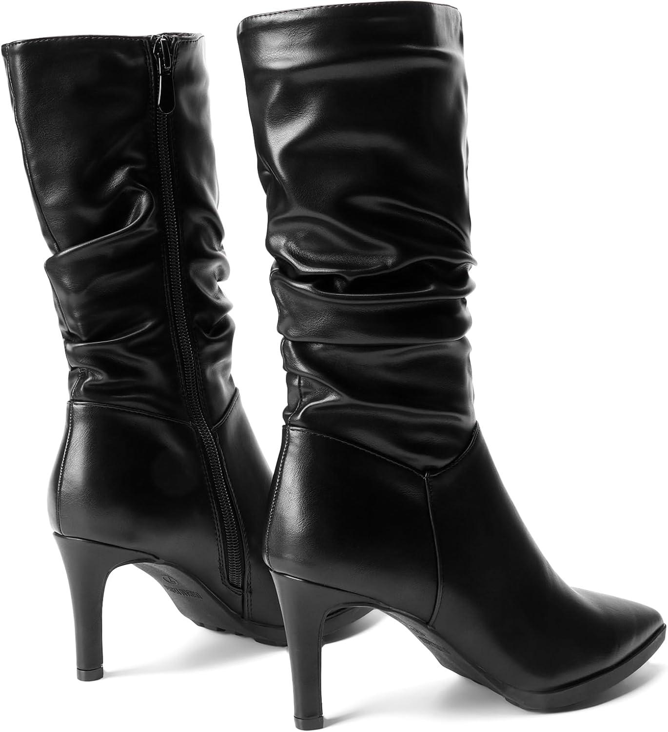 imageDREAM PAIRS Womens Mid Calf Boots High Heels Pointed Toe Zip Fashion Dressy BootBlack