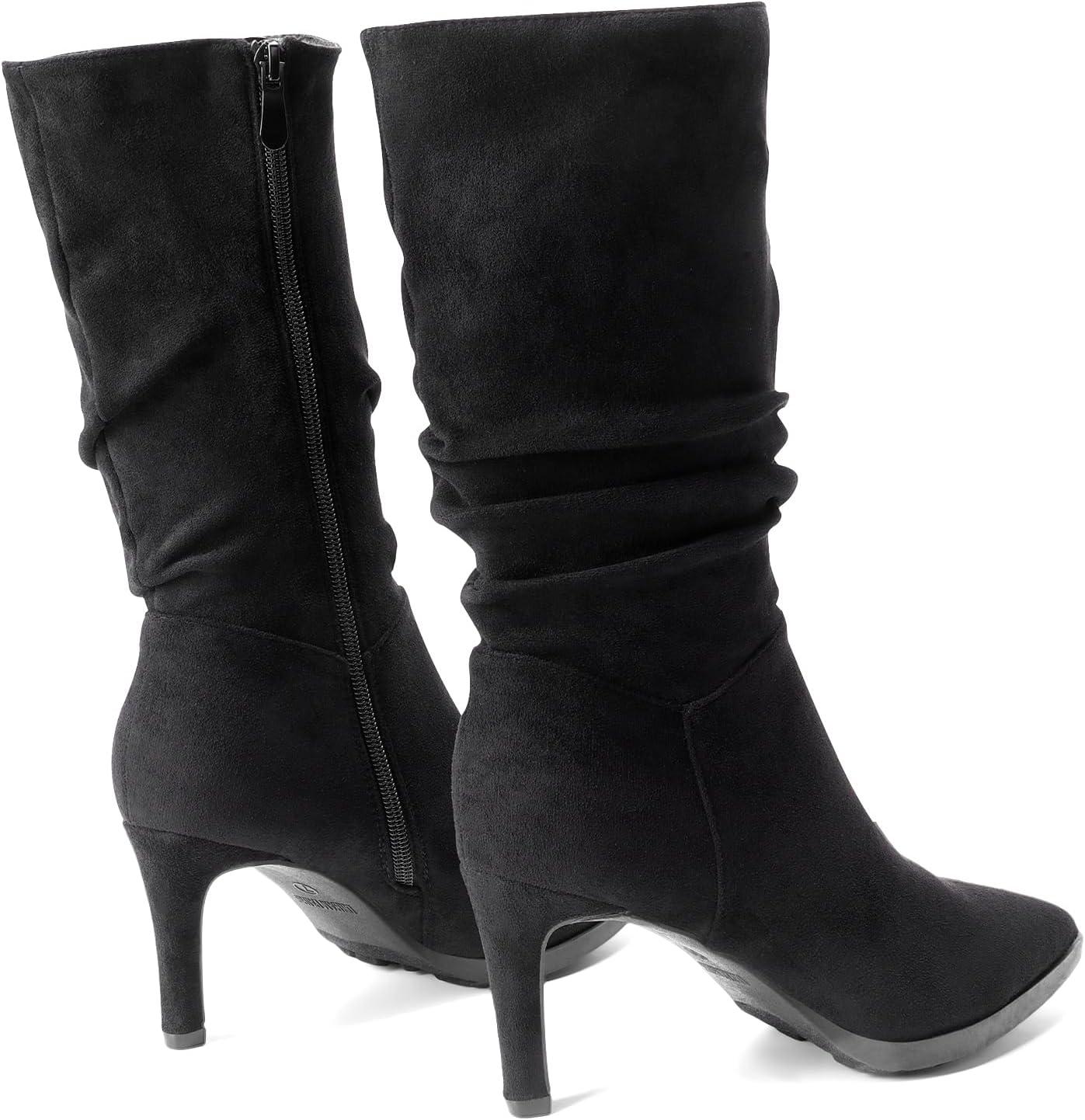 imageDREAM PAIRS Womens Mid Calf Boots High Heels Pointed Toe Zip Fashion Dressy BootBlacksuede