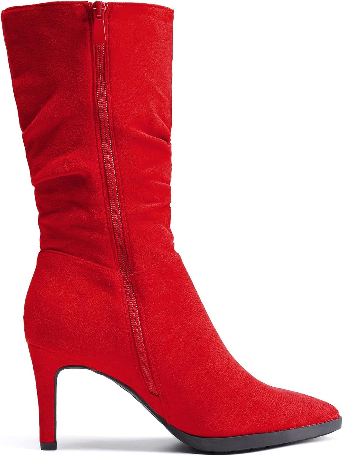 imageDREAM PAIRS Womens Mid Calf Boots High Heels Pointed Toe Zip Fashion Dressy BootRedsuede