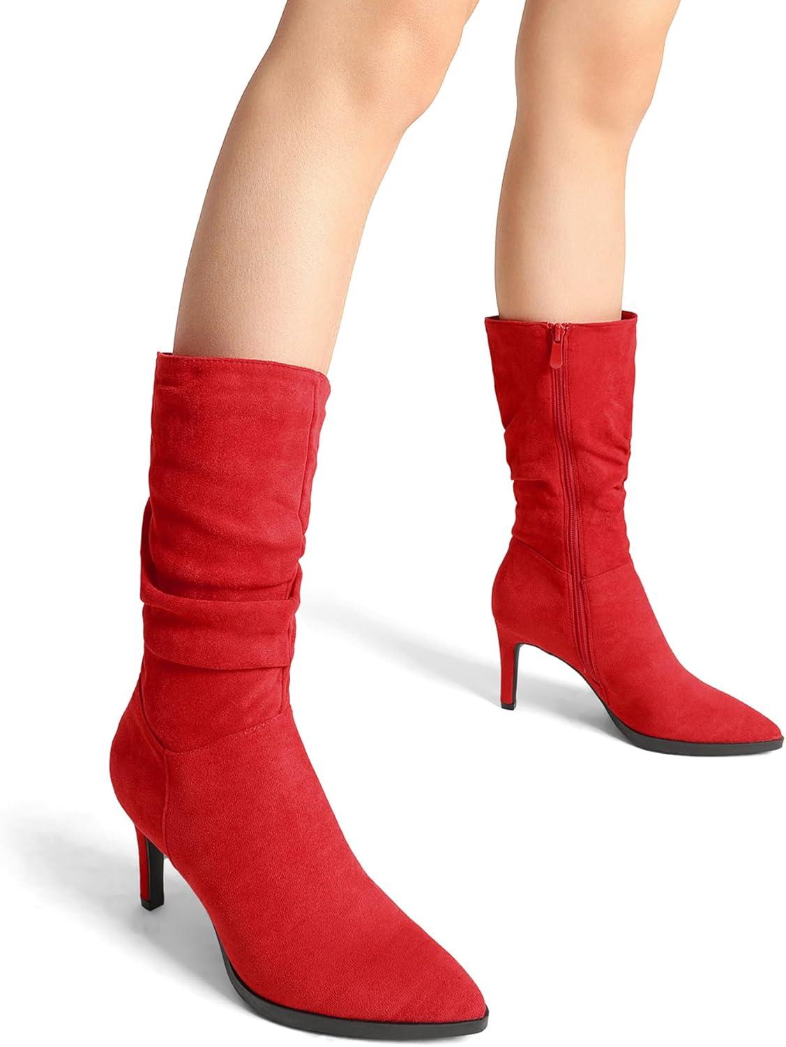 imageDREAM PAIRS Womens Mid Calf Boots High Heels Pointed Toe Zip Fashion Dressy BootRedsuede