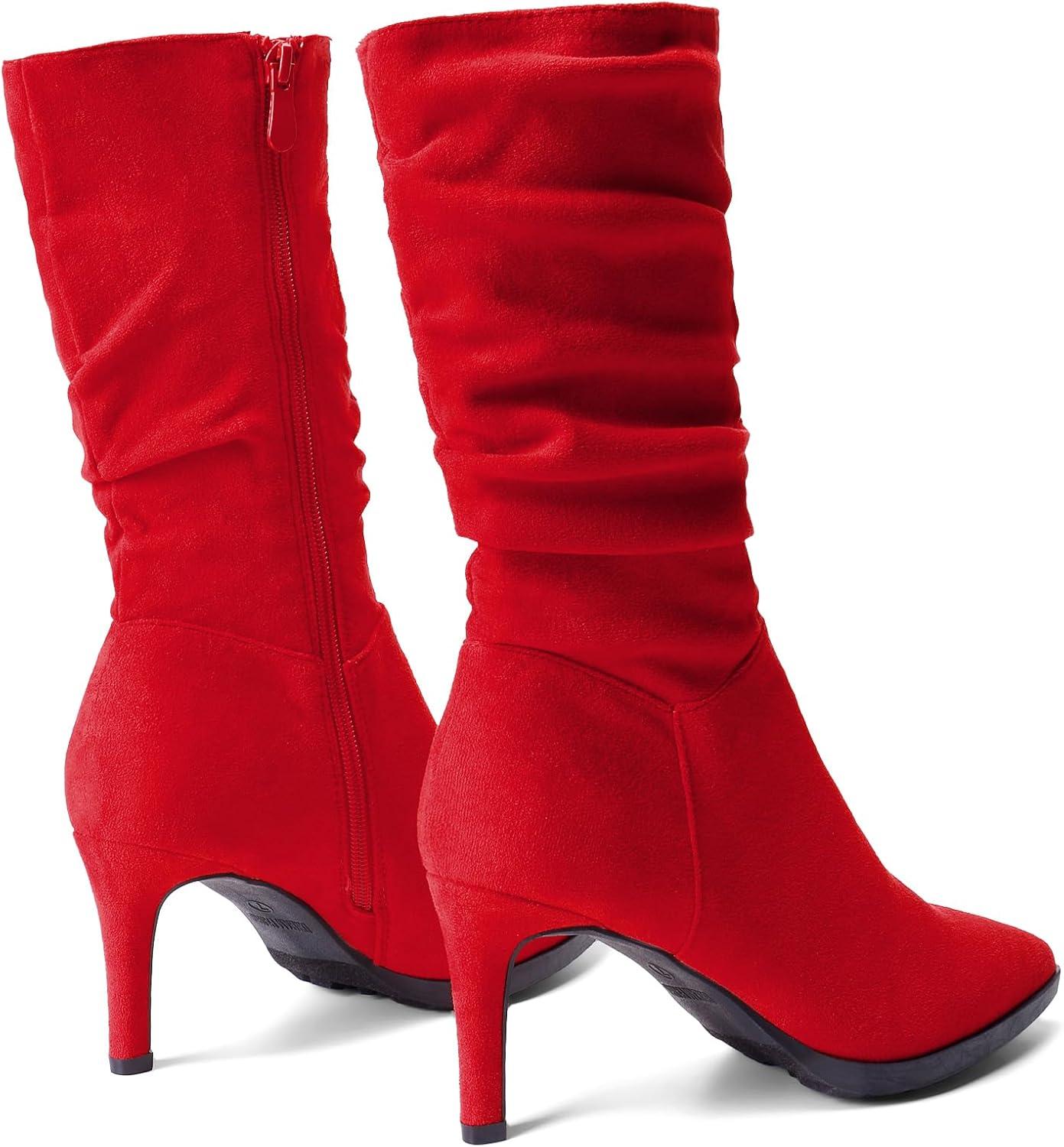imageDREAM PAIRS Womens Mid Calf Boots High Heels Pointed Toe Zip Fashion Dressy BootRedsuede