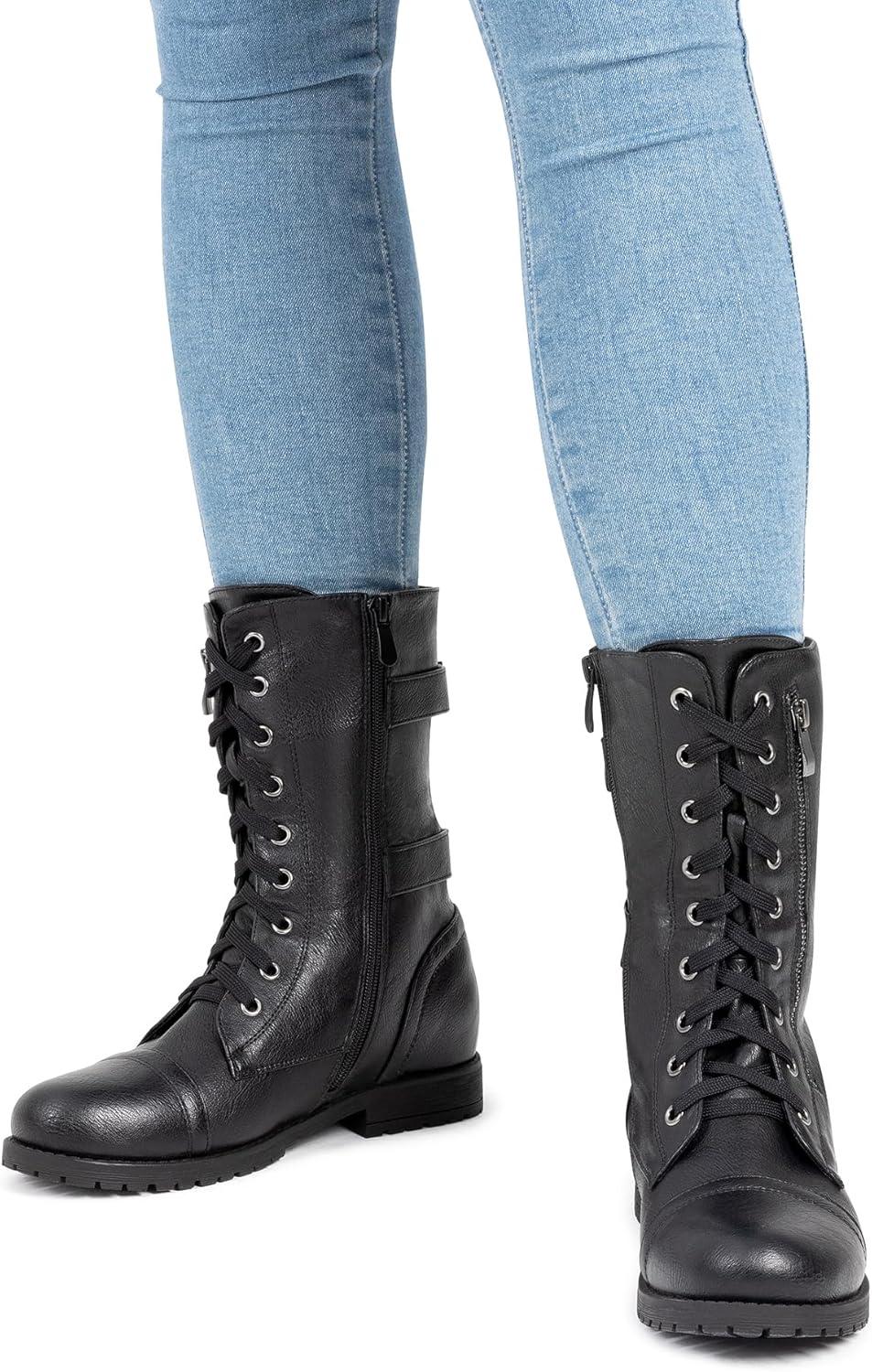 imageDREAM PAIRS Womens Mid Calf Builtin Wallet Pocket Lace up Military Combat BootsBlack