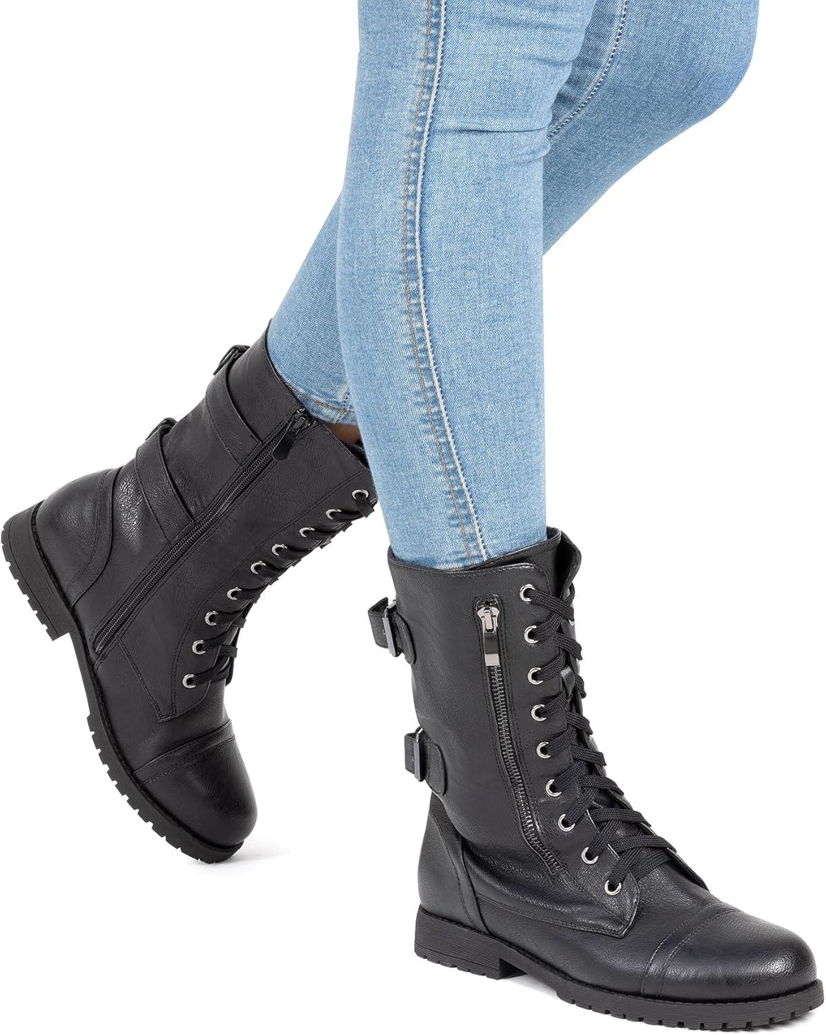 imageDREAM PAIRS Womens Mid Calf Builtin Wallet Pocket Lace up Military Combat BootsBlack