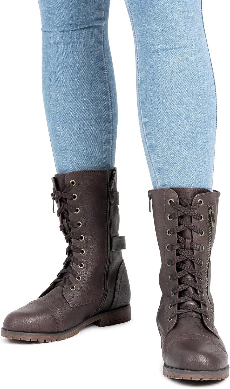 imageDREAM PAIRS Womens Mid Calf Builtin Wallet Pocket Lace up Military Combat BootsBrown