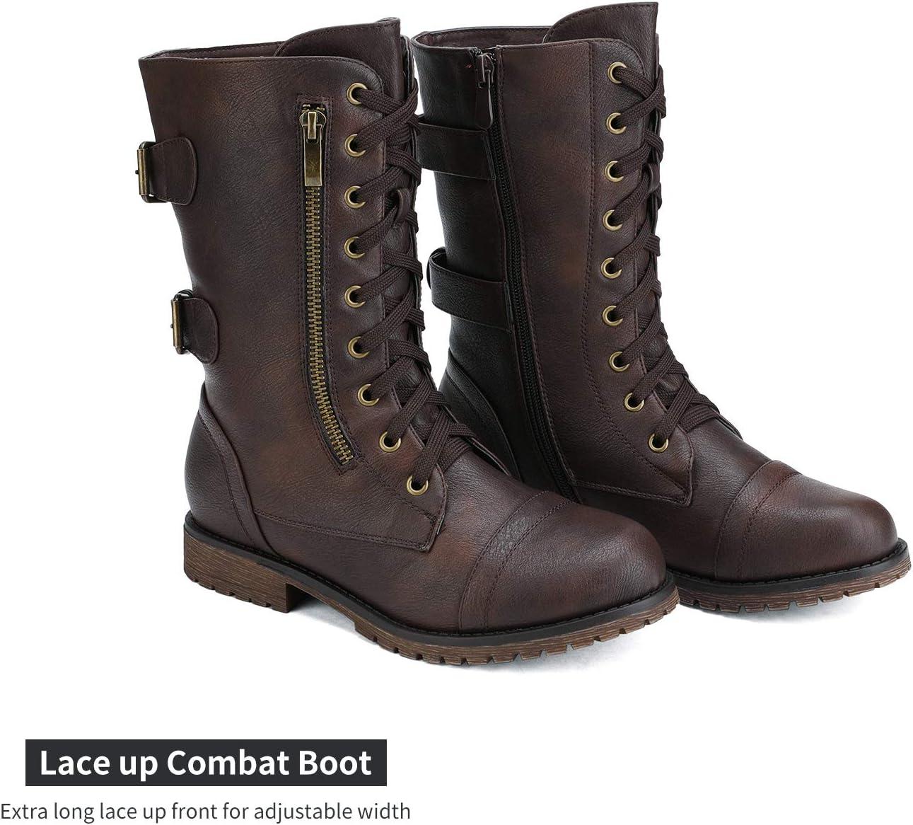imageDREAM PAIRS Womens Mid Calf Builtin Wallet Pocket Lace up Military Combat BootsBrown