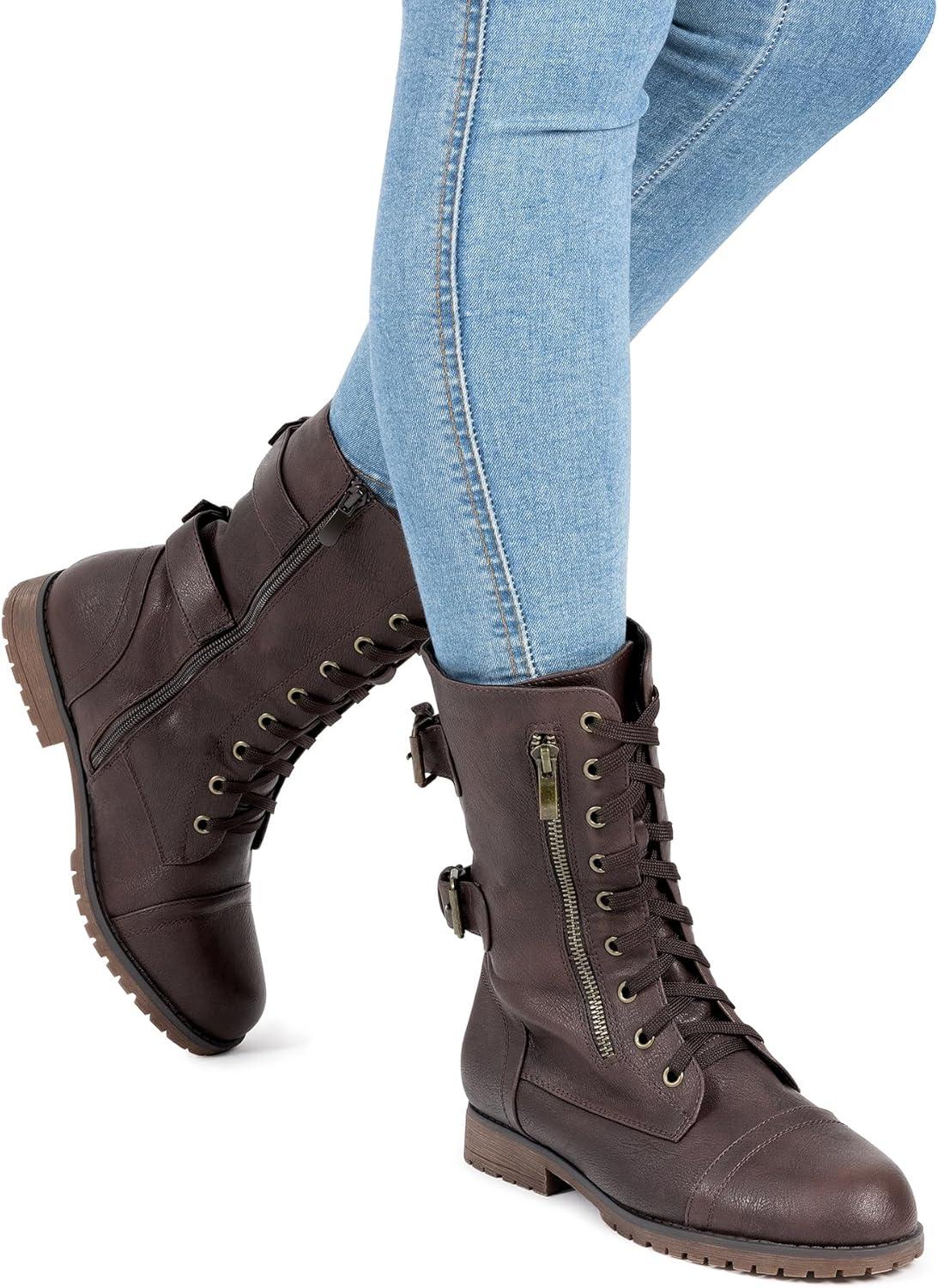 imageDREAM PAIRS Womens Mid Calf Builtin Wallet Pocket Lace up Military Combat BootsBrown