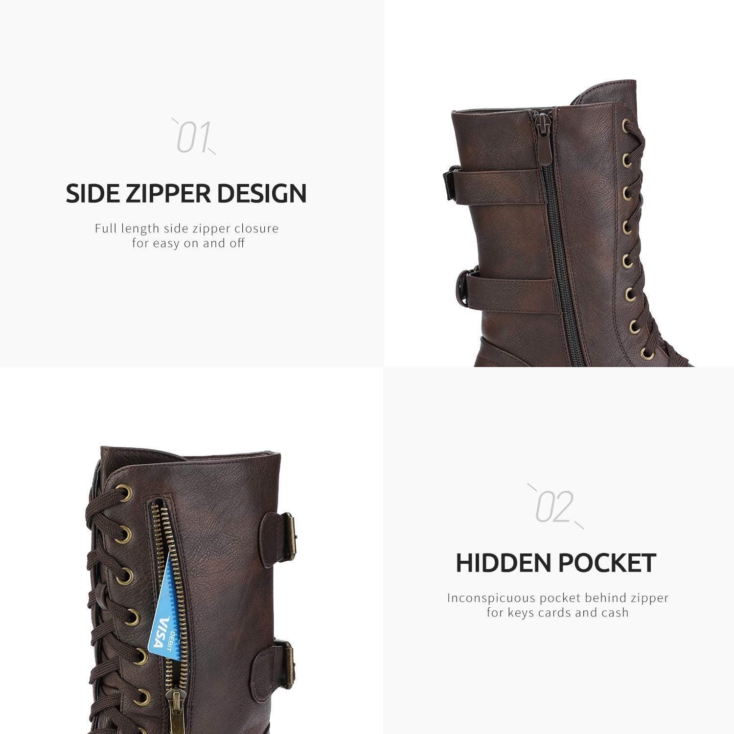 imageDREAM PAIRS Womens Mid Calf Builtin Wallet Pocket Lace up Military Combat BootsBrown