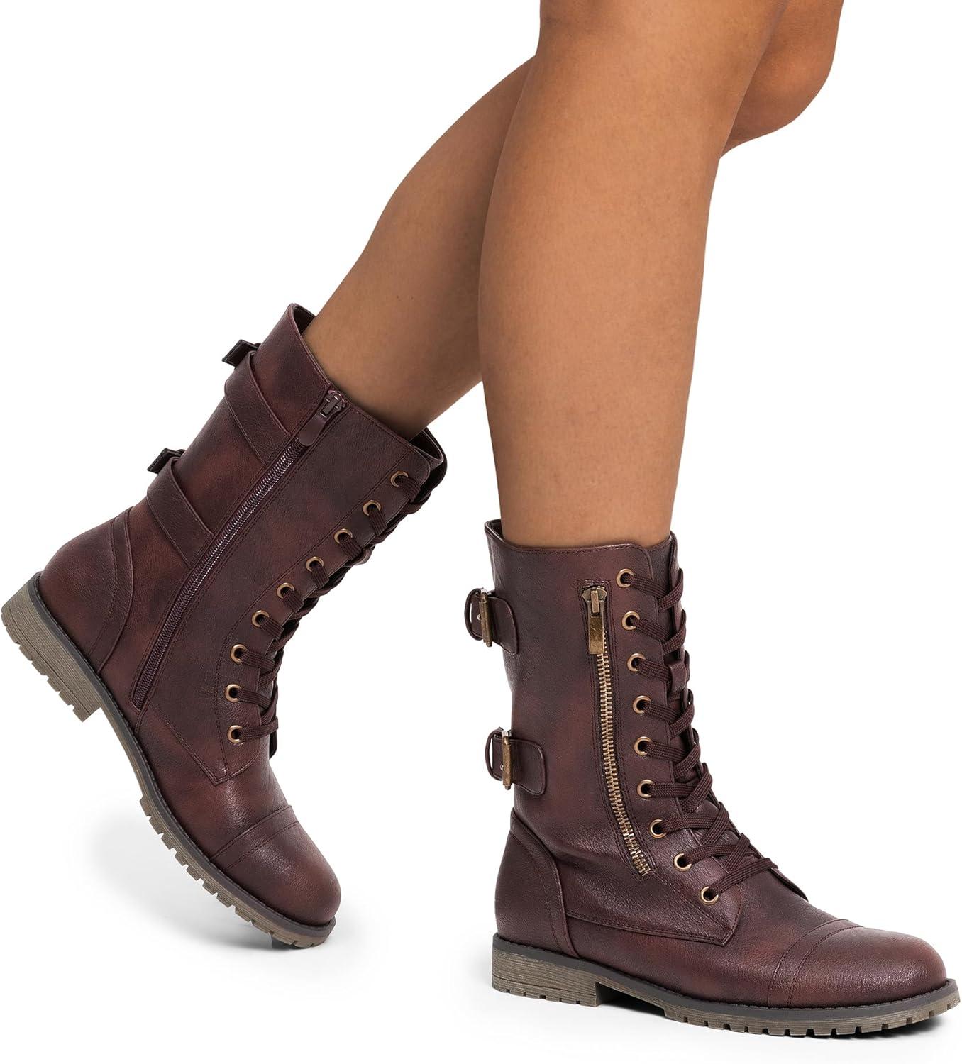 imageDREAM PAIRS Womens Mid Calf Builtin Wallet Pocket Lace up Military Combat BootsBurgundy