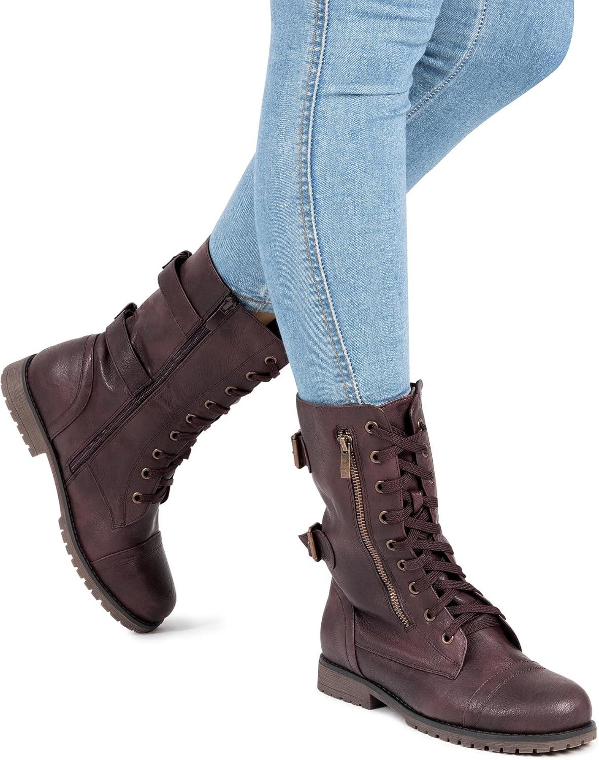 imageDREAM PAIRS Womens Mid Calf Builtin Wallet Pocket Lace up Military Combat BootsBurgundy