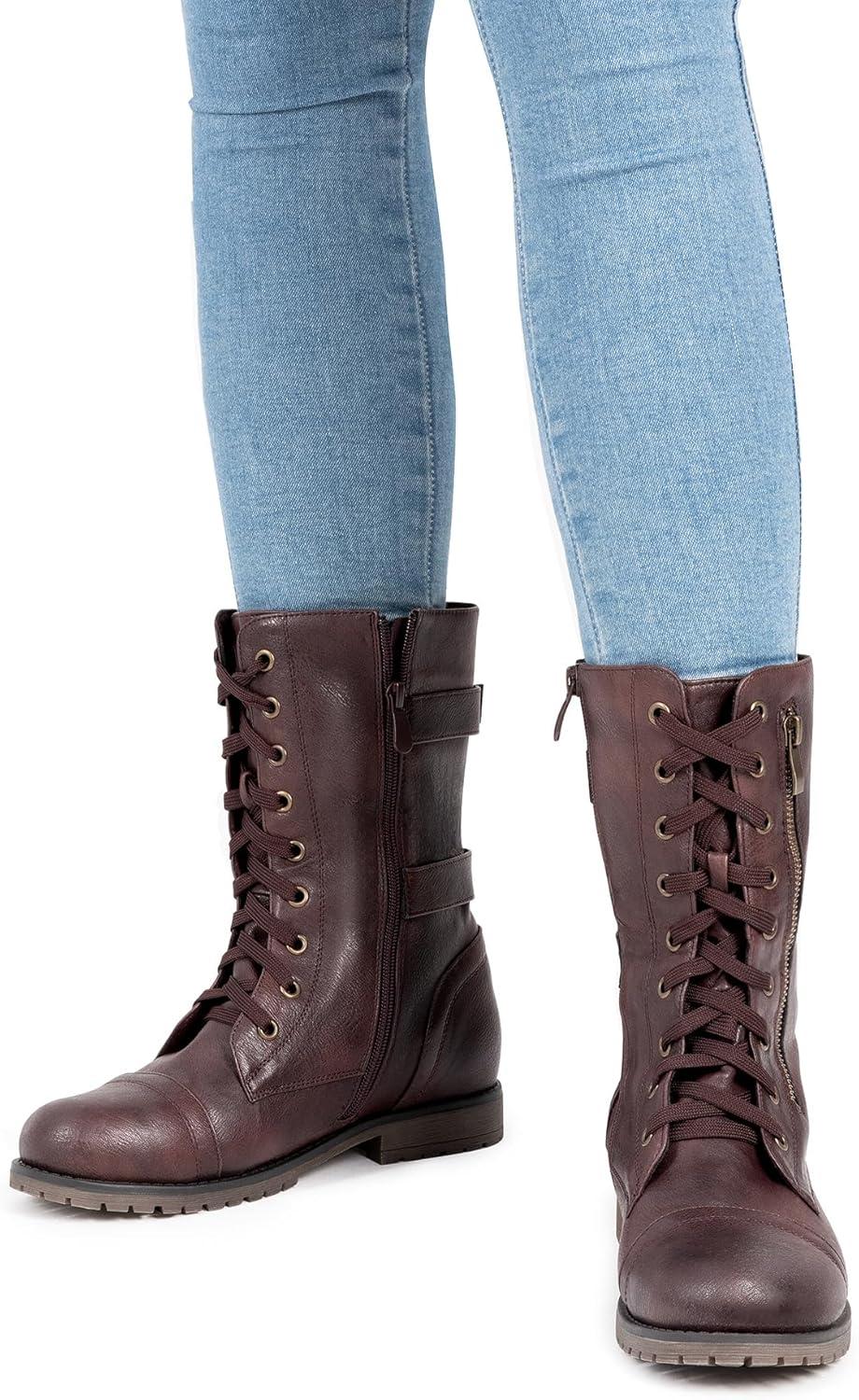 imageDREAM PAIRS Womens Mid Calf Builtin Wallet Pocket Lace up Military Combat BootsBurgundy