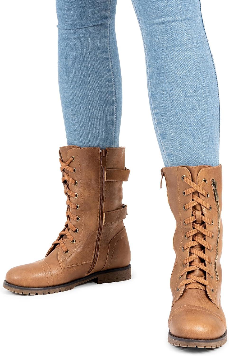 imageDREAM PAIRS Womens Mid Calf Builtin Wallet Pocket Lace up Military Combat BootsCamel