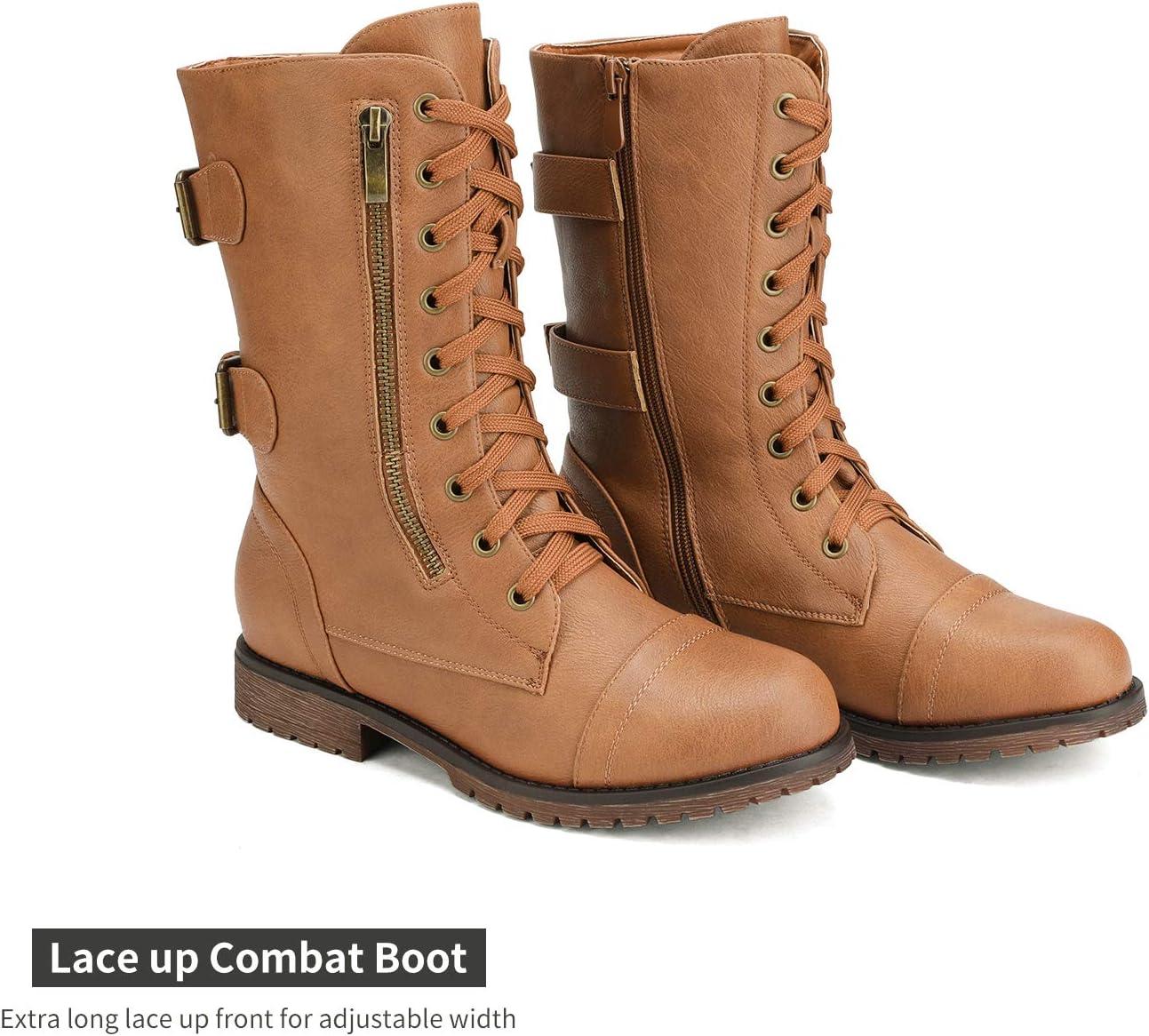 imageDREAM PAIRS Womens Mid Calf Builtin Wallet Pocket Lace up Military Combat BootsCamelpu