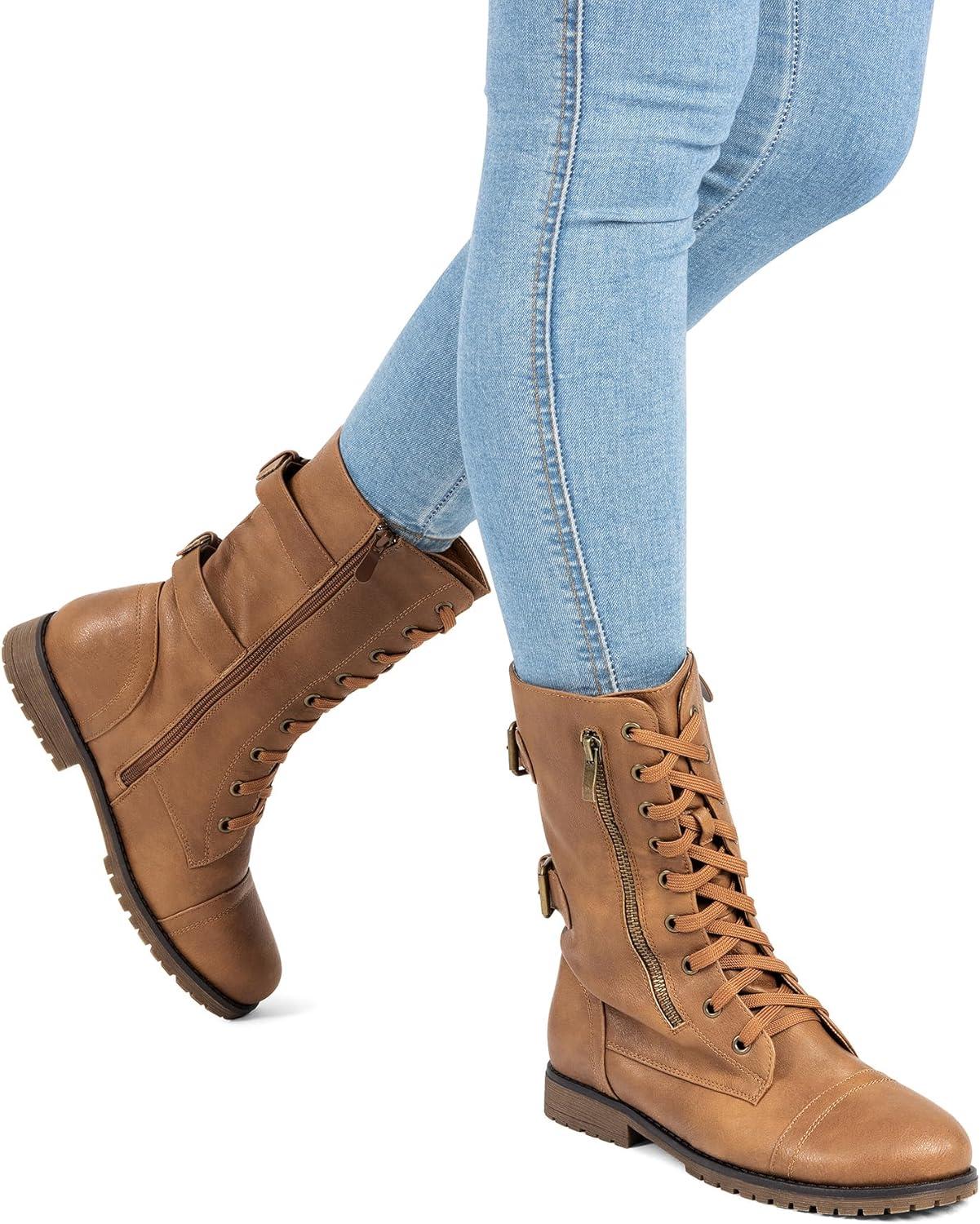 imageDREAM PAIRS Womens Mid Calf Builtin Wallet Pocket Lace up Military Combat BootsCamelpu