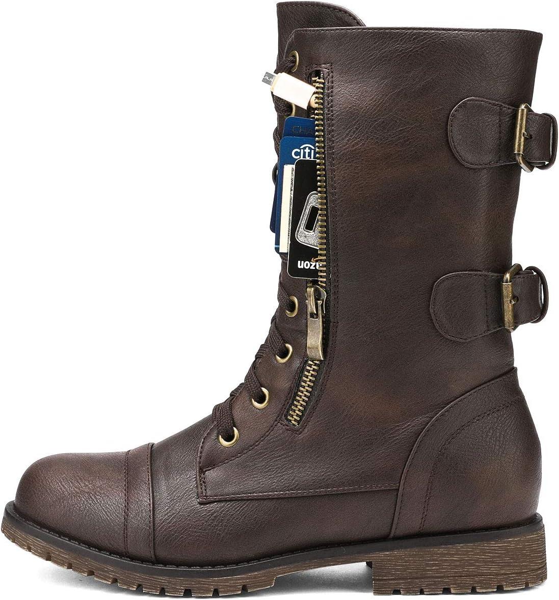 imageDREAM PAIRS Womens Mid Calf Builtin Wallet Pocket Lace up Military Combat BootsClassic Brown