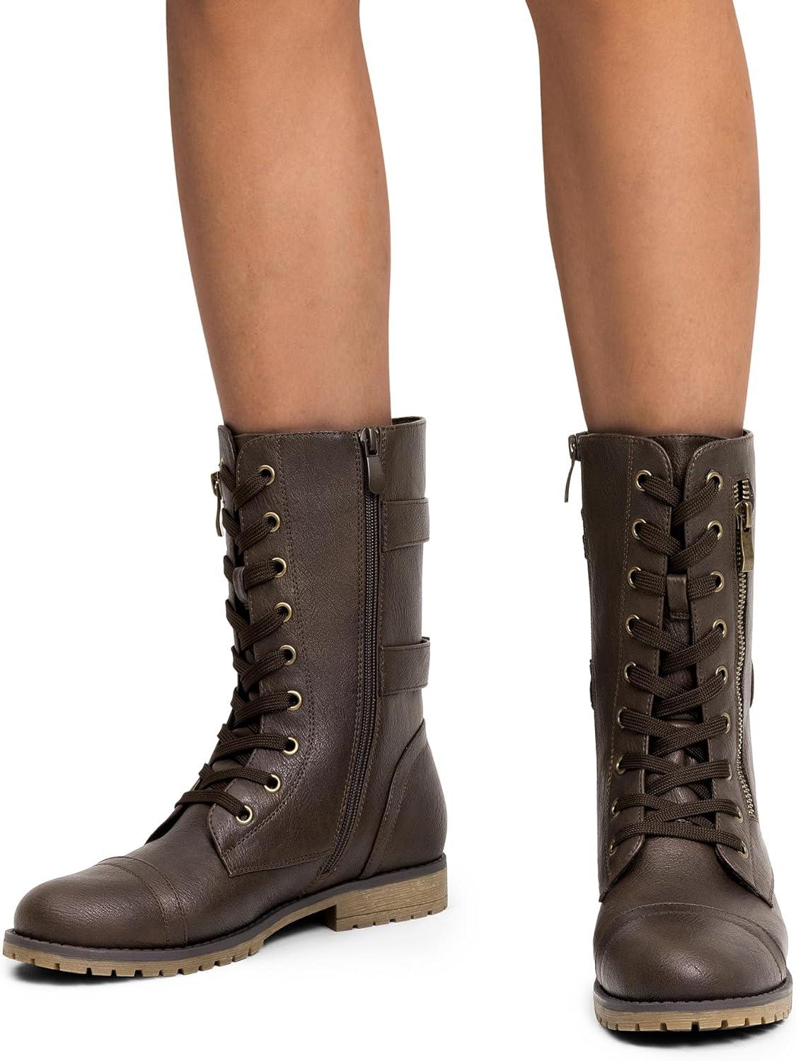 imageDREAM PAIRS Womens Mid Calf Builtin Wallet Pocket Lace up Military Combat BootsClassic Brown