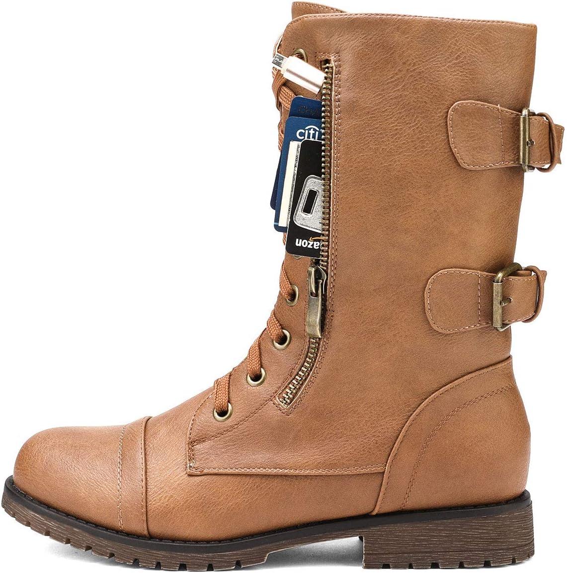 imageDREAM PAIRS Womens Mid Calf Builtin Wallet Pocket Lace up Military Combat BootsClassic Camel