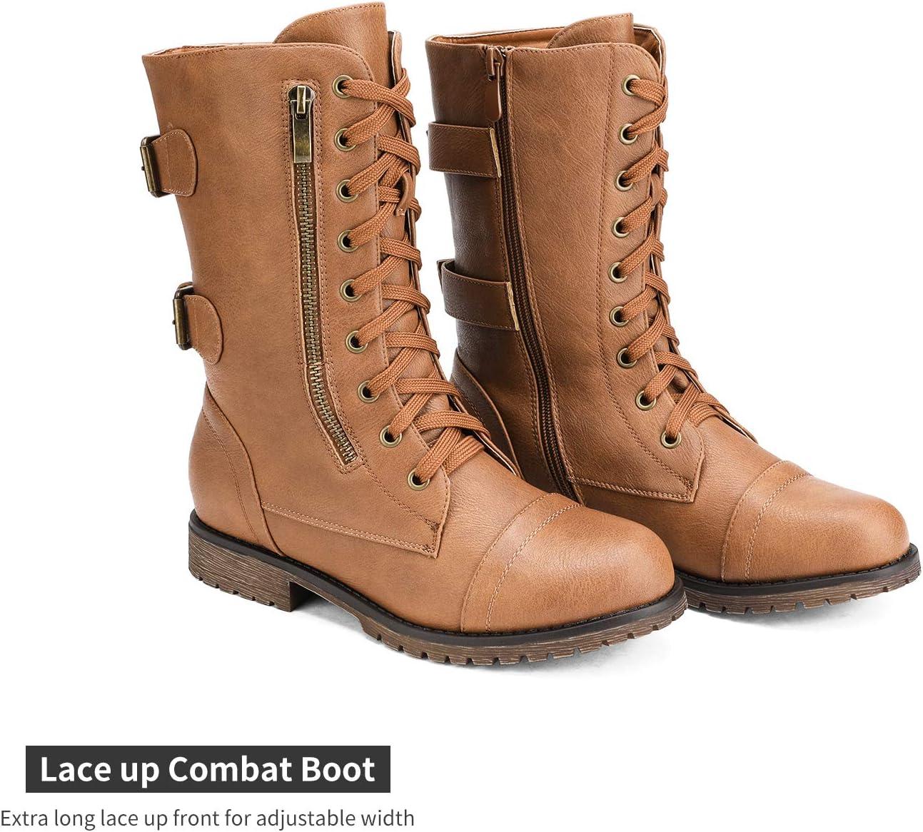 imageDREAM PAIRS Womens Mid Calf Builtin Wallet Pocket Lace up Military Combat BootsClassic Camel