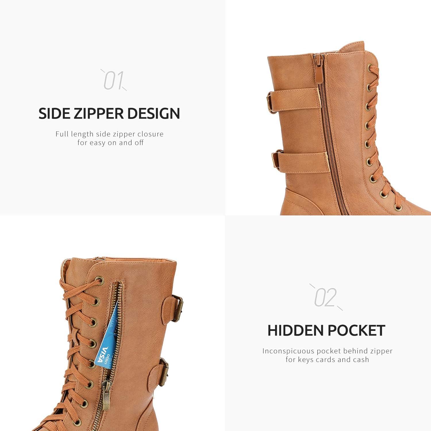 imageDREAM PAIRS Womens Mid Calf Builtin Wallet Pocket Lace up Military Combat BootsClassic Camel