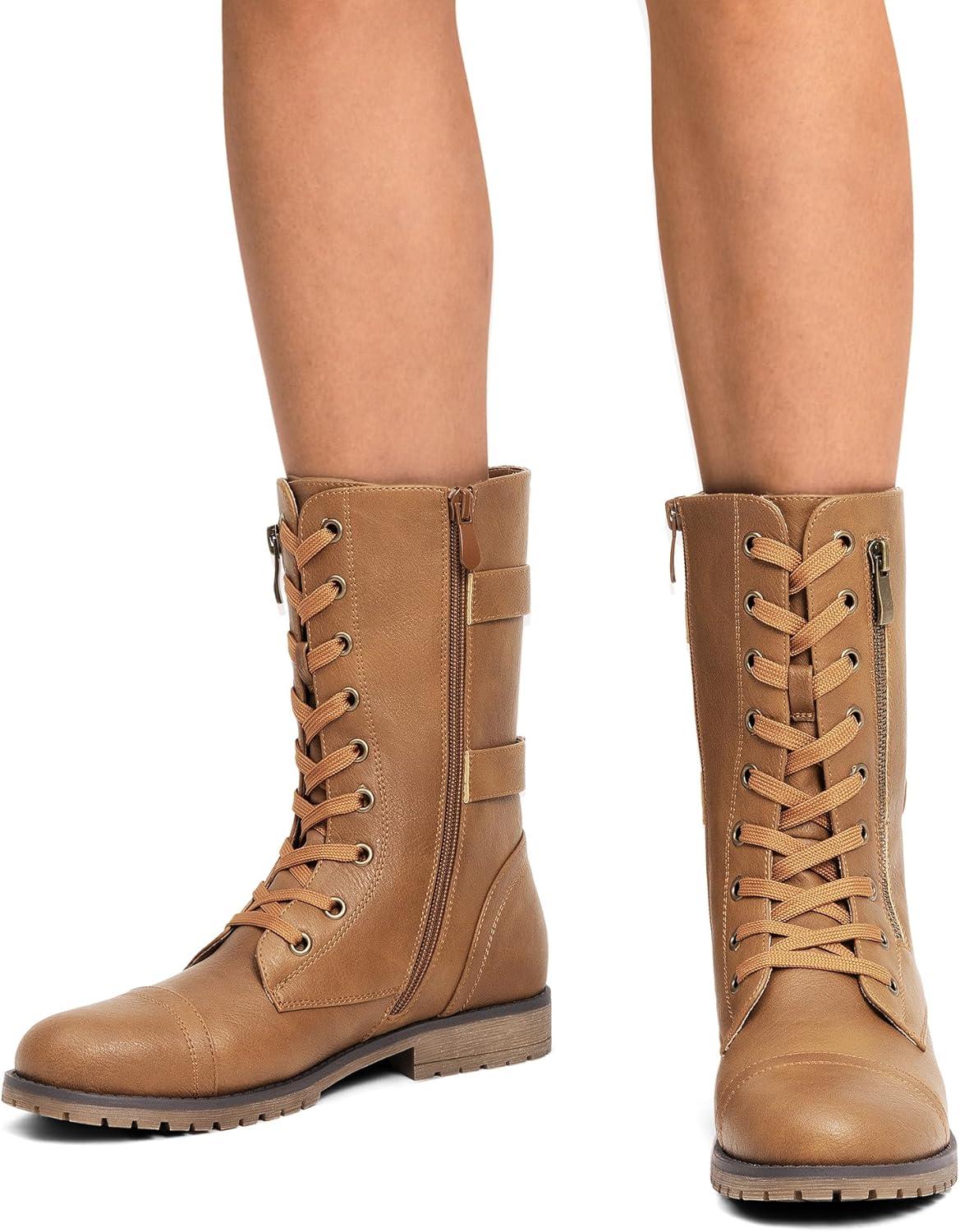 imageDREAM PAIRS Womens Mid Calf Builtin Wallet Pocket Lace up Military Combat BootsClassic Camel