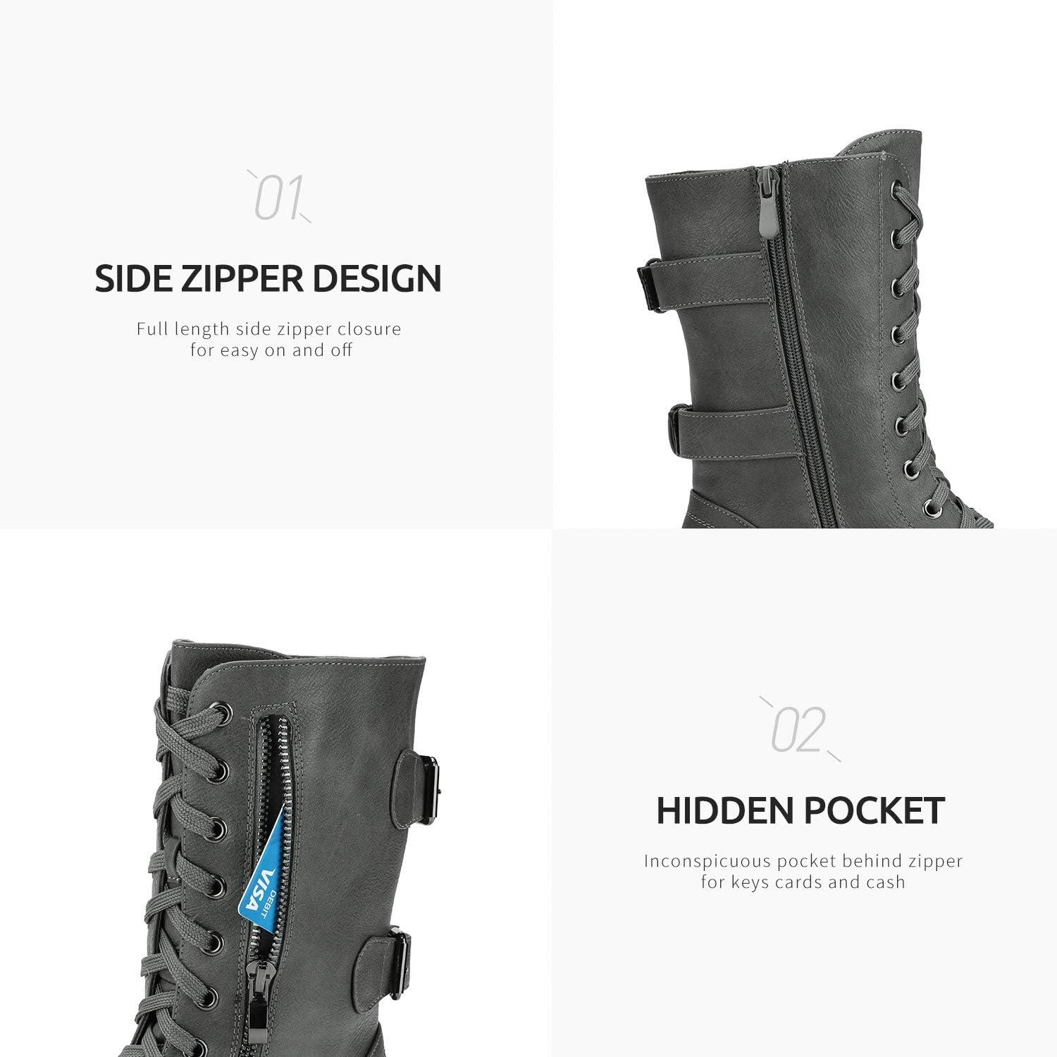 imageDREAM PAIRS Womens Mid Calf Builtin Wallet Pocket Lace up Military Combat BootsGrey