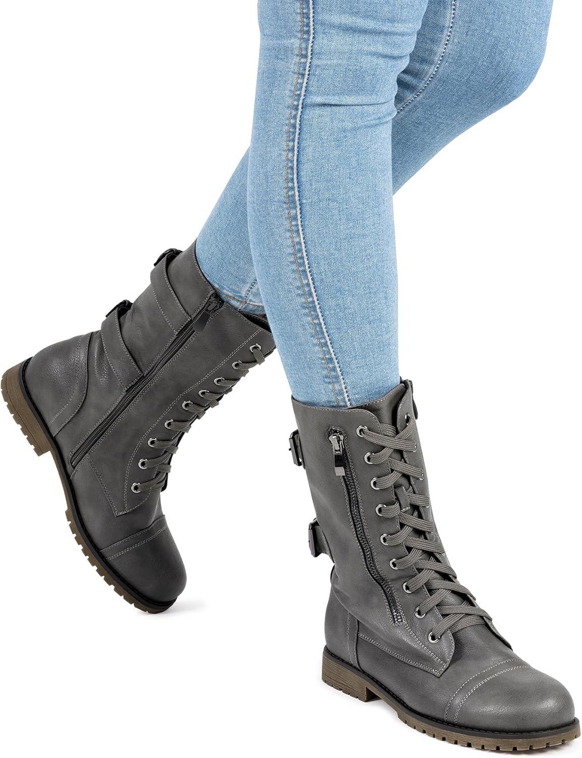 imageDREAM PAIRS Womens Mid Calf Builtin Wallet Pocket Lace up Military Combat BootsGrey