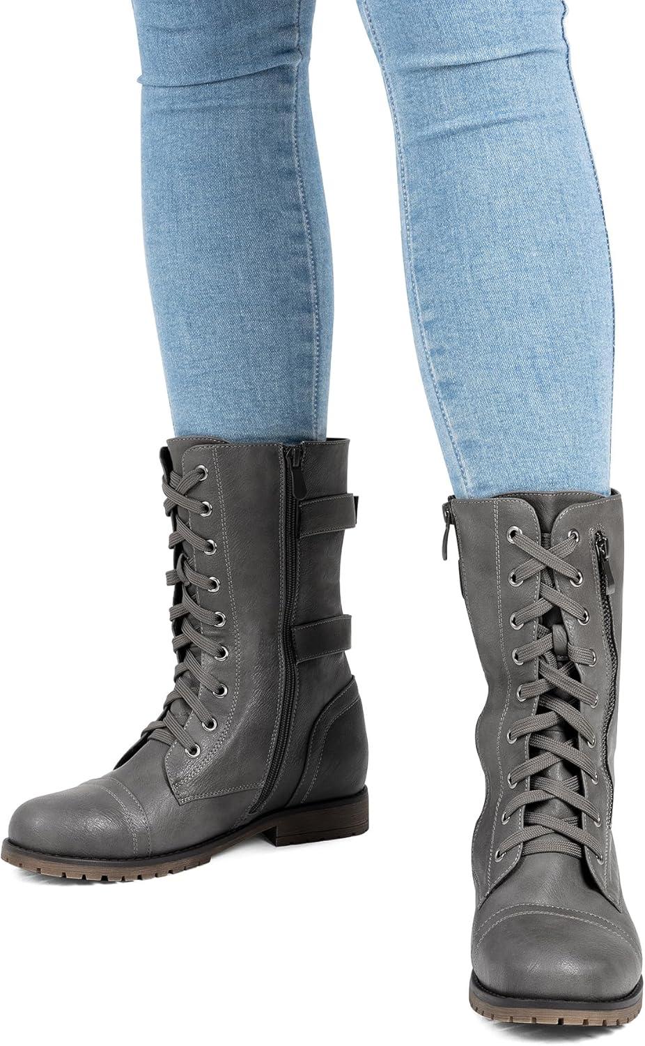 imageDREAM PAIRS Womens Mid Calf Builtin Wallet Pocket Lace up Military Combat BootsGrey
