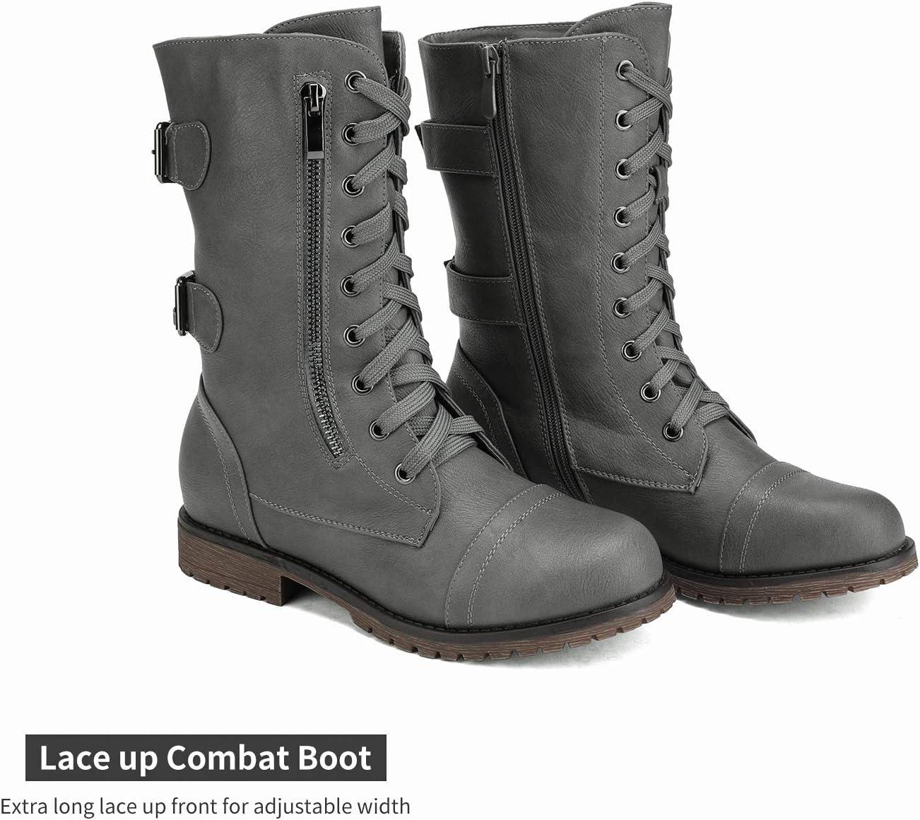 imageDREAM PAIRS Womens Mid Calf Builtin Wallet Pocket Lace up Military Combat BootsGrey